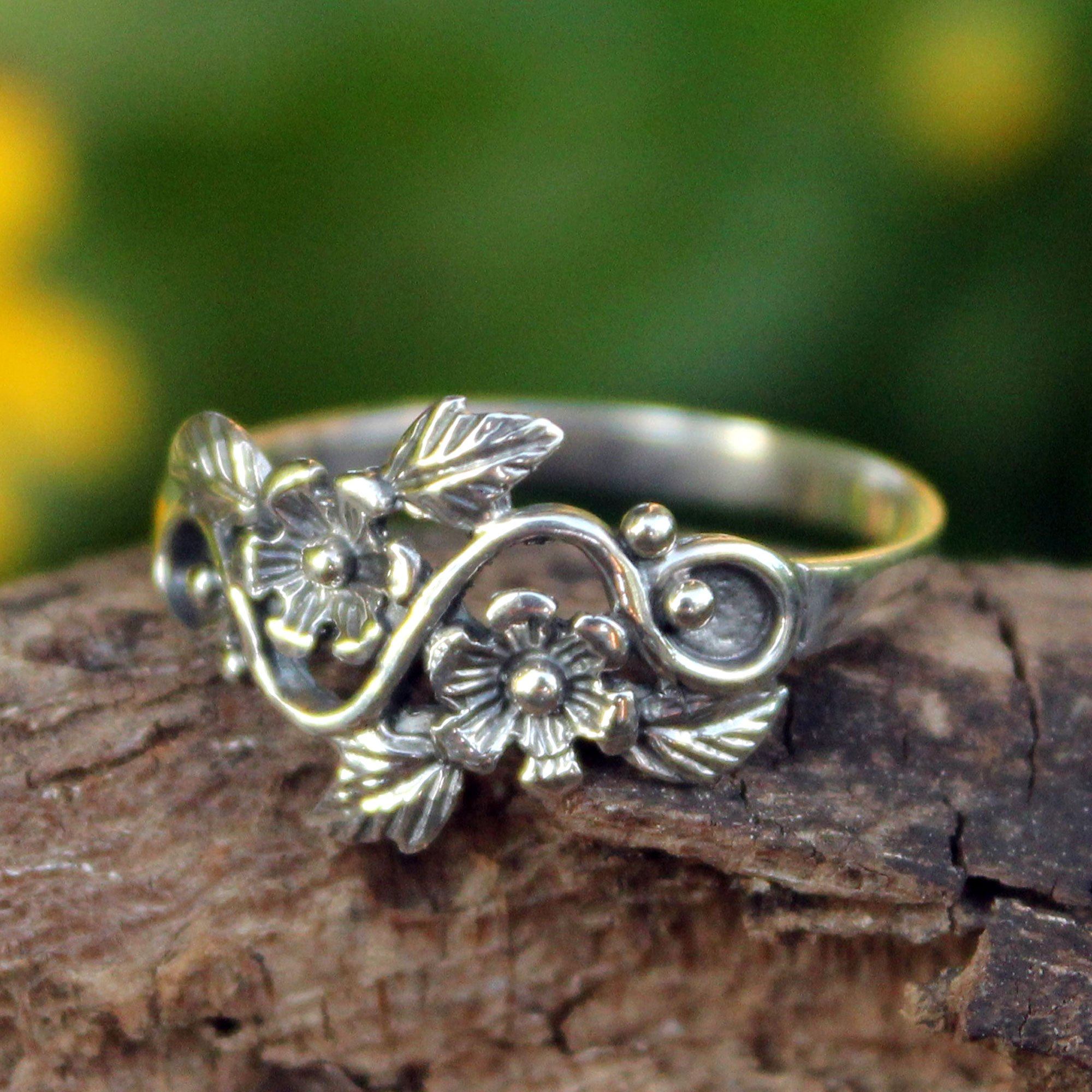 Premium Sterling Silver Floral Leaf Band Ring