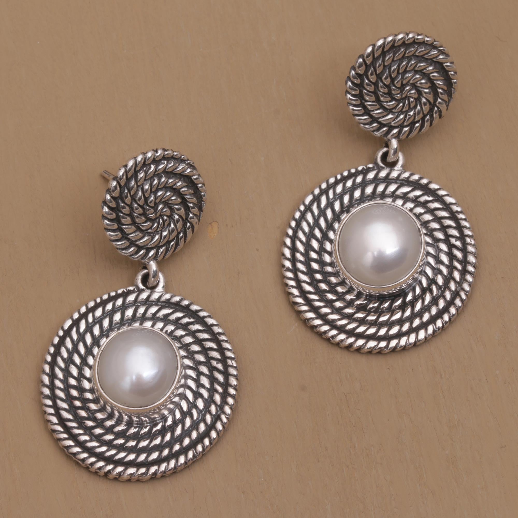 Premium Moonlight Spirals Dangle Earrings - Handcrafted Sterling Silver with Cultured Pearls