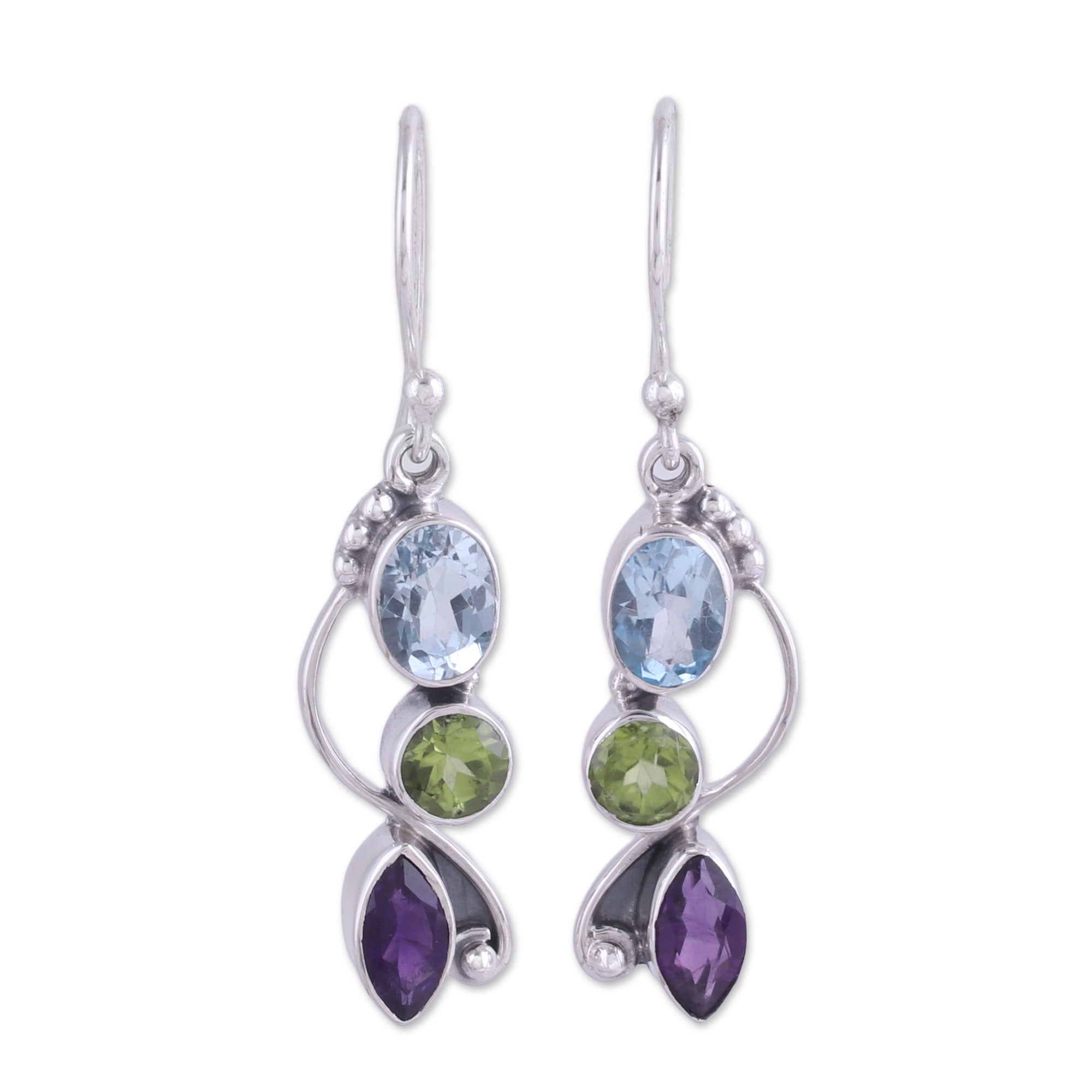 Ultimate Shimmering Alliance: Blue Topaz, Peridot & Amethyst Sterling Silver Dangle Earrings