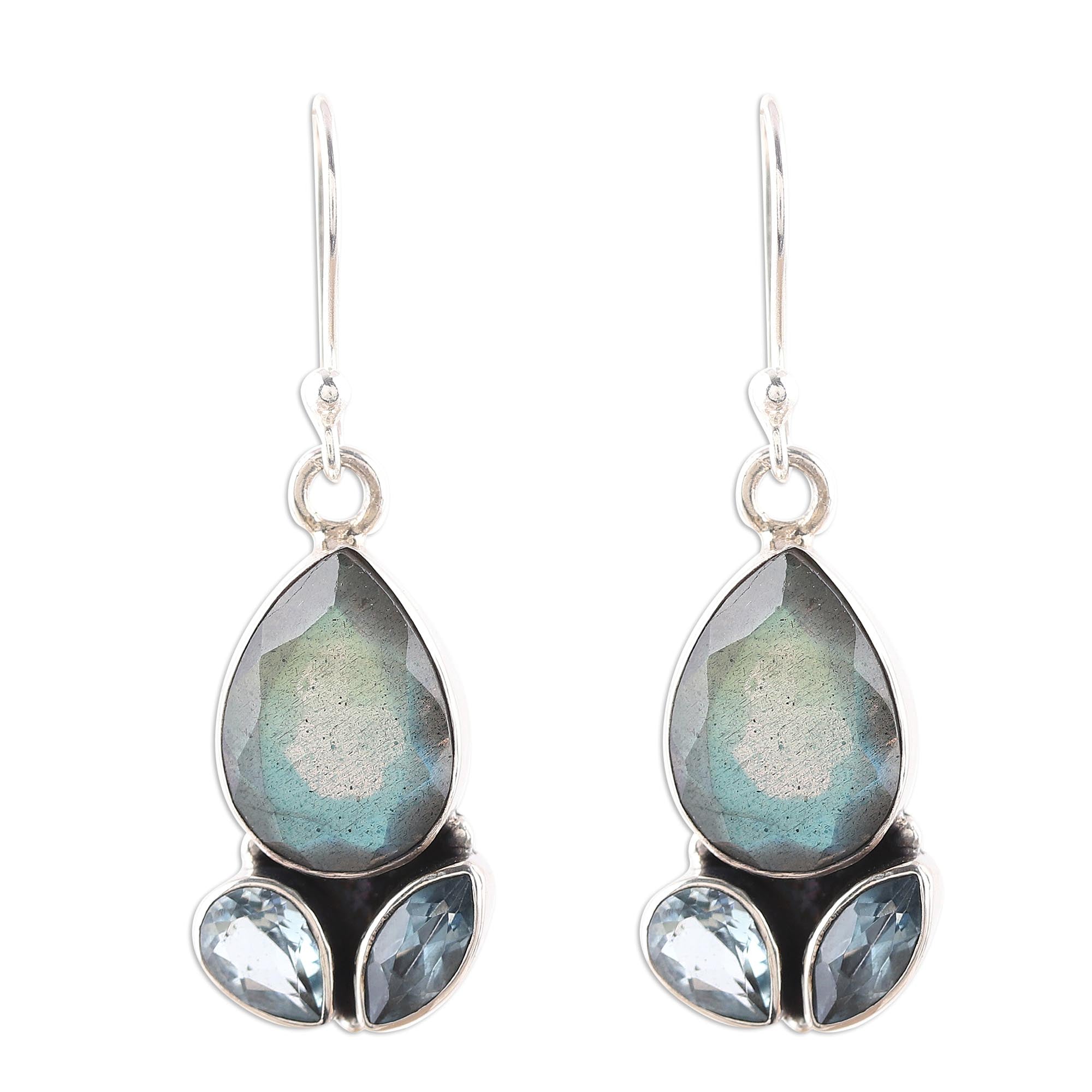 Premium Misty Rain Labradorite & Blue Topaz Sterling Silver Dangle Earrings