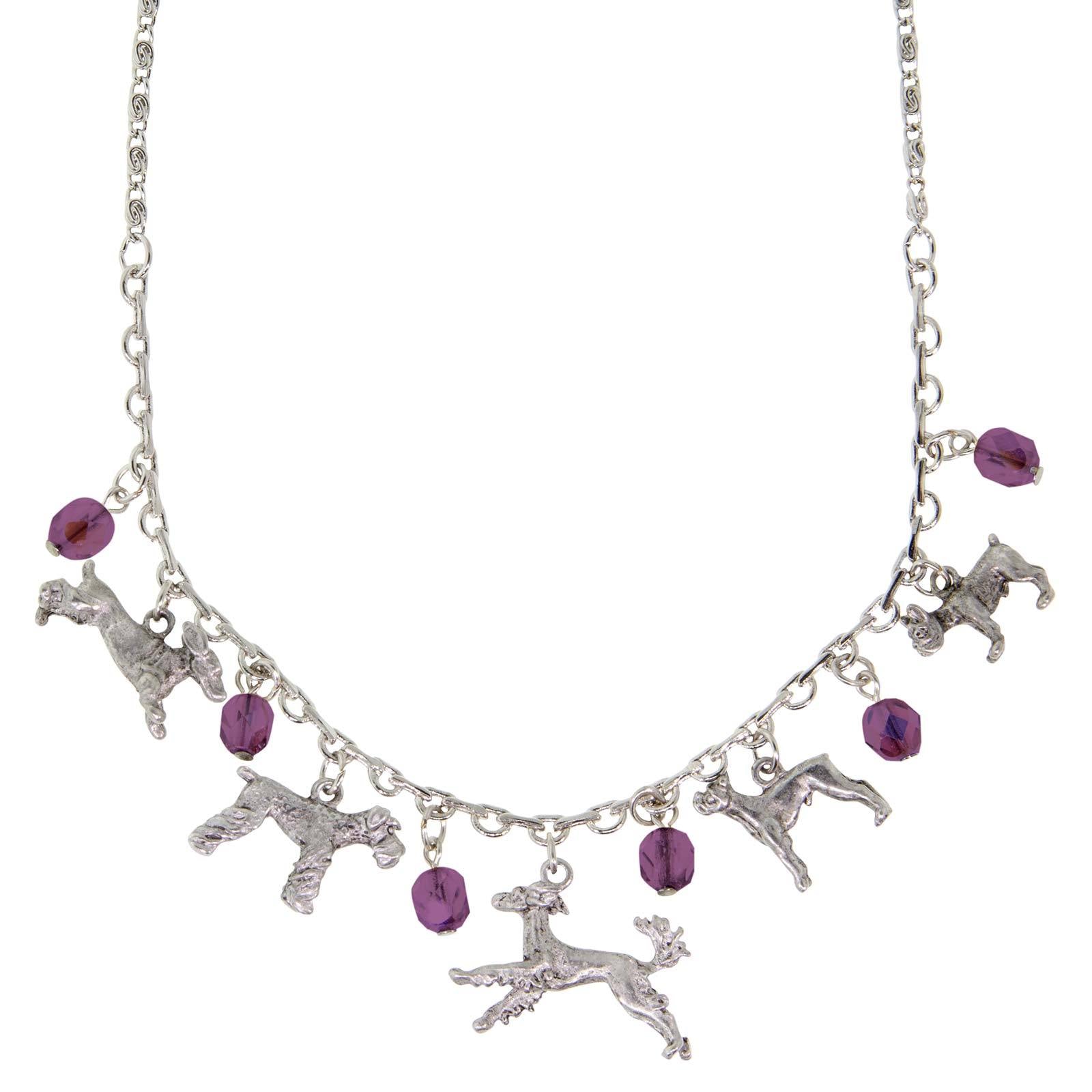 Premium 1928 Jewelry® Silver Tone Multi Dog Charm Necklace with Purple Crystals - Adjustable 16