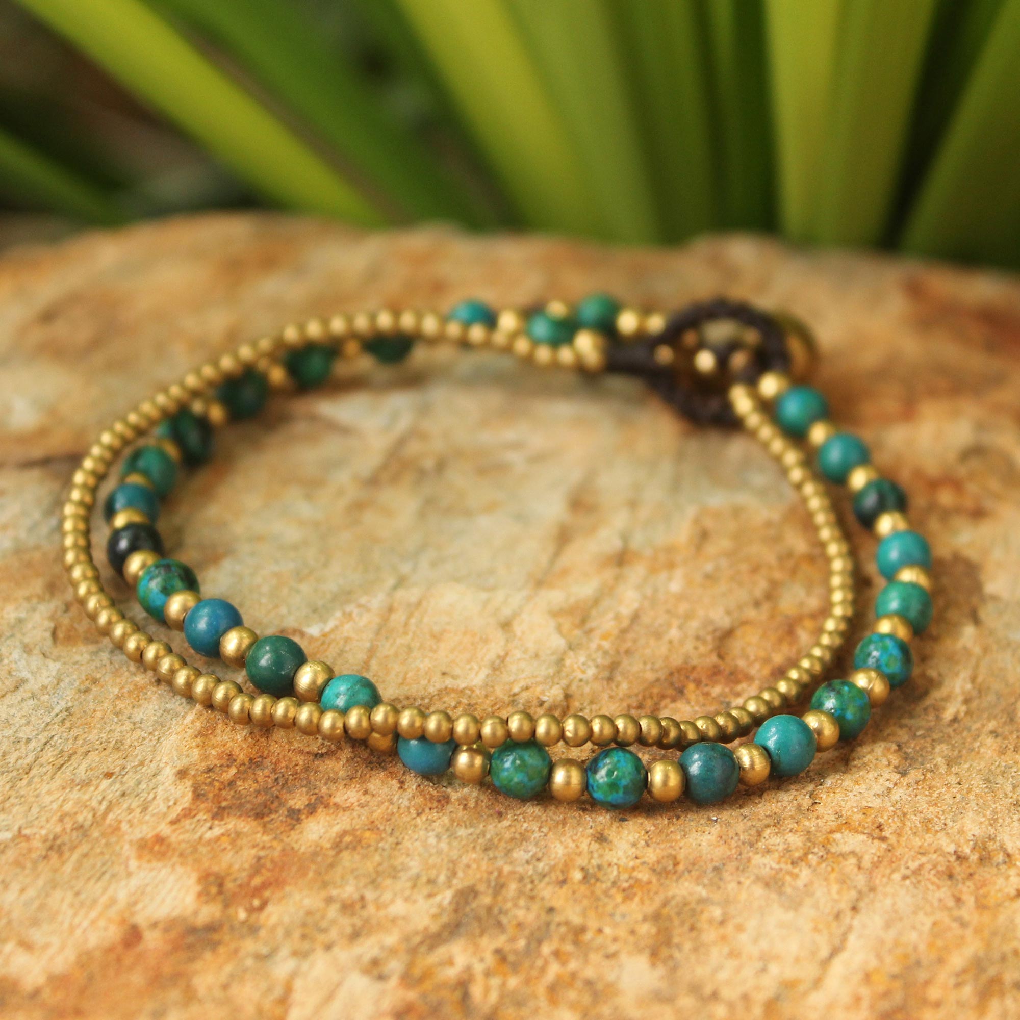 Premium Green Harmony Serpentine & Brass Beaded Bracelet with Bell Charm