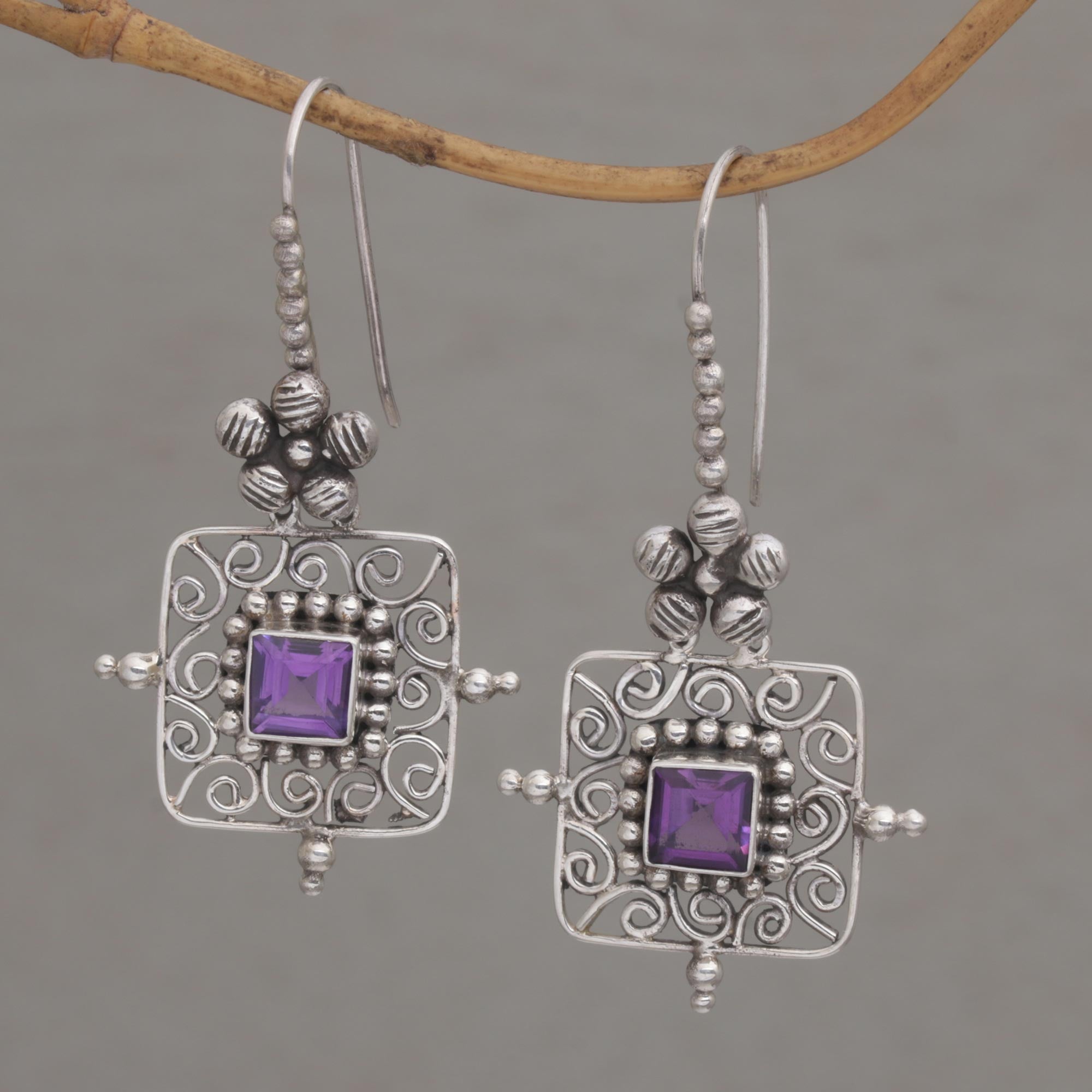 Premium Floral Amethyst Dangle Earrings - Handcrafted in Bali