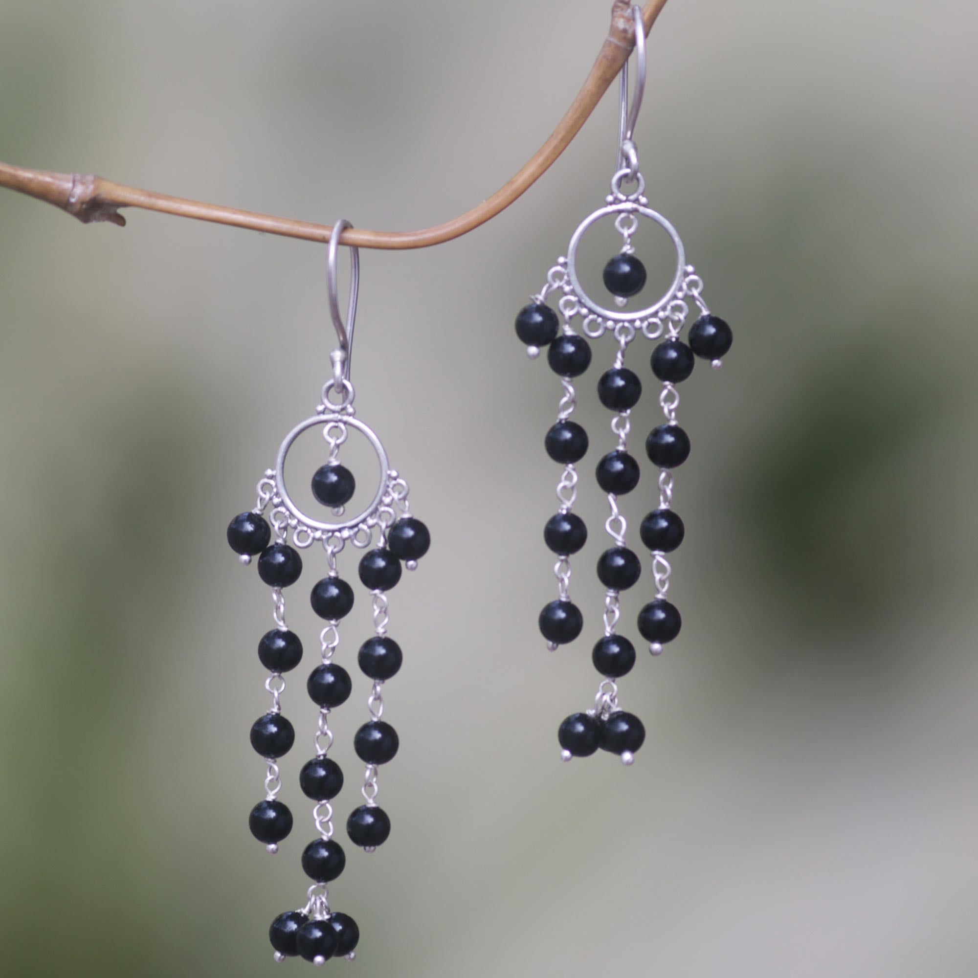 Premium Artisan Onyx & Sterling Silver Chandelier Earrings by Made Sugi