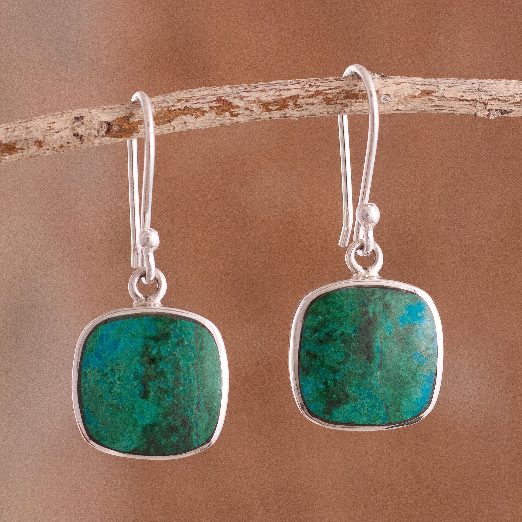 Premium Chrysocolla Silver Dangle Earrings – Handcrafted in Peru