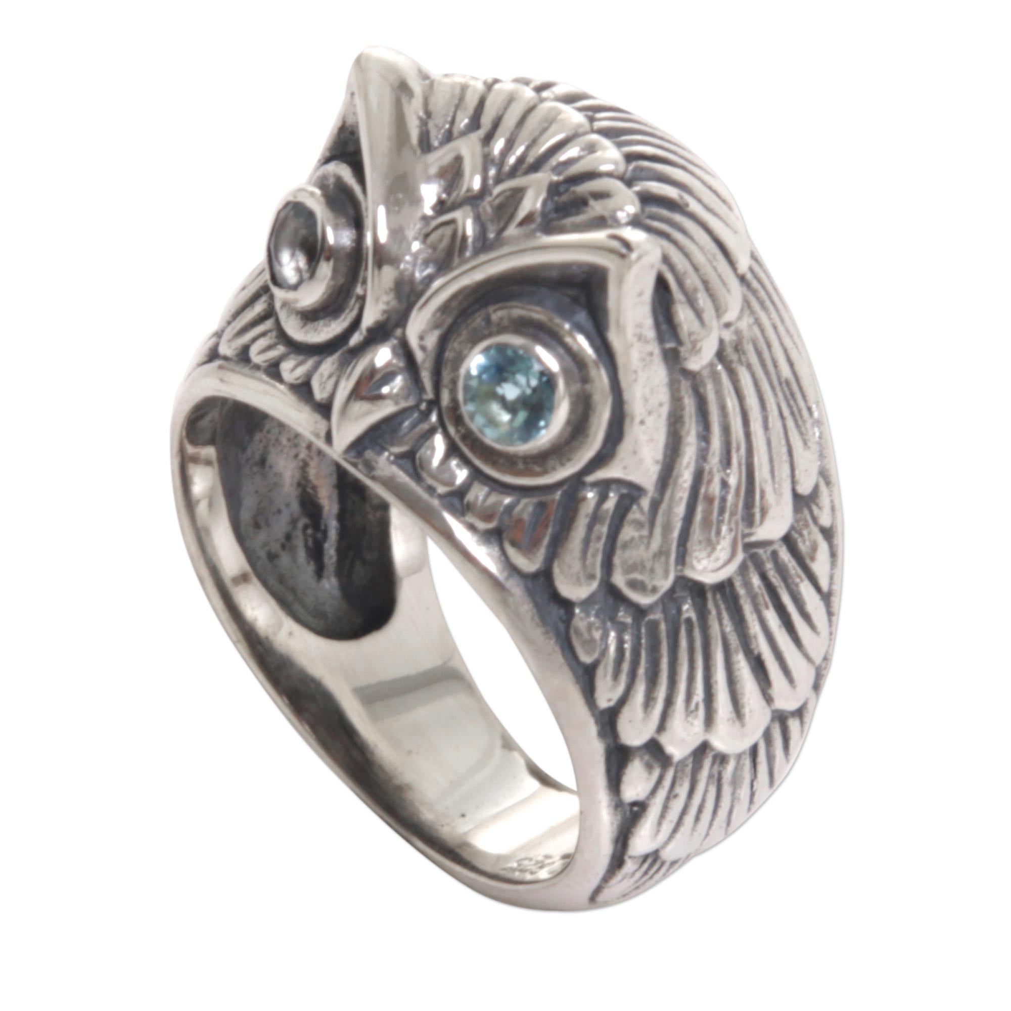 NOVICA Premium Blue Topaz Sterling Silver Owl Ring 'Night Watcher in Blue'