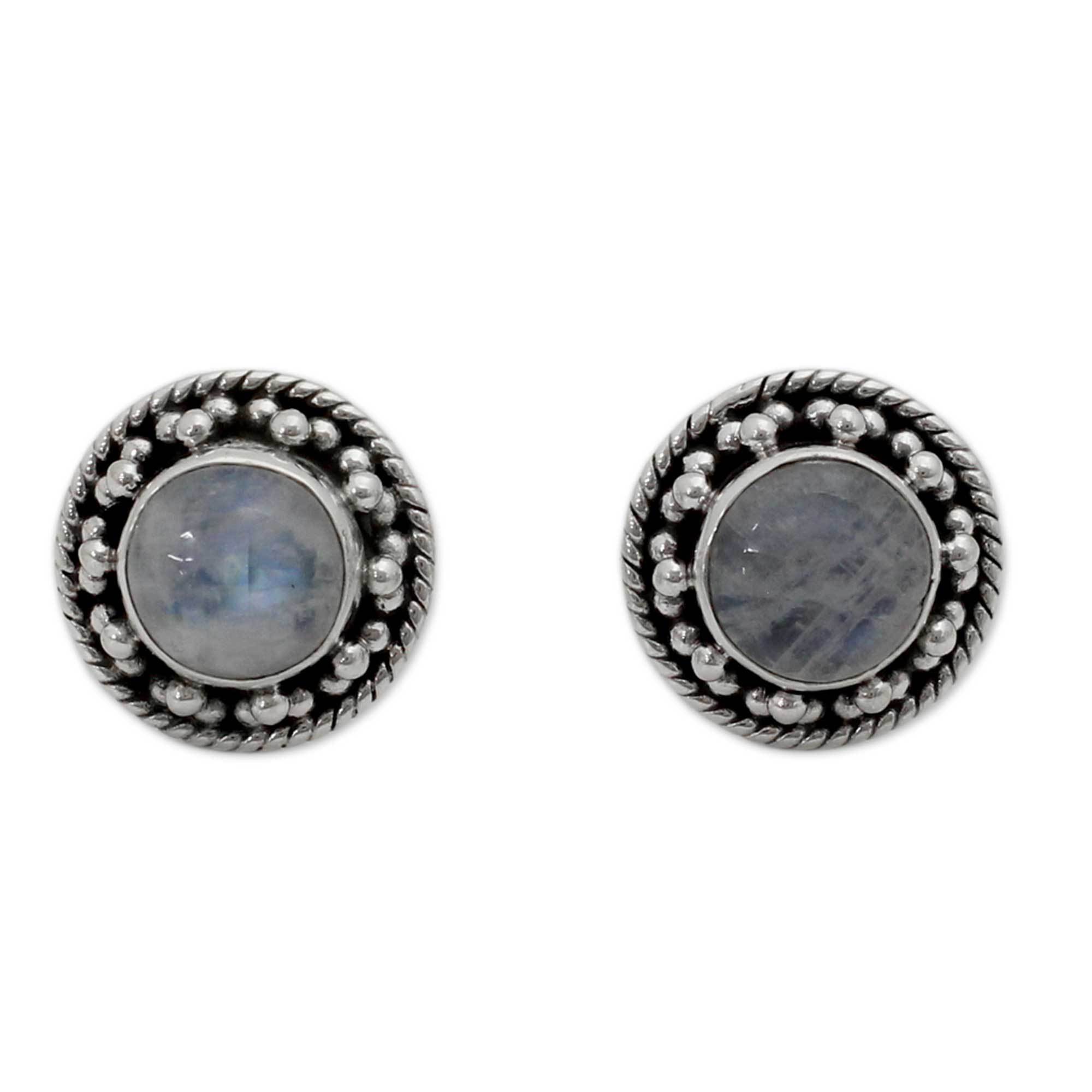 Premium Moonstone & Sterling Silver Button Earrings - Handcrafted Elegance