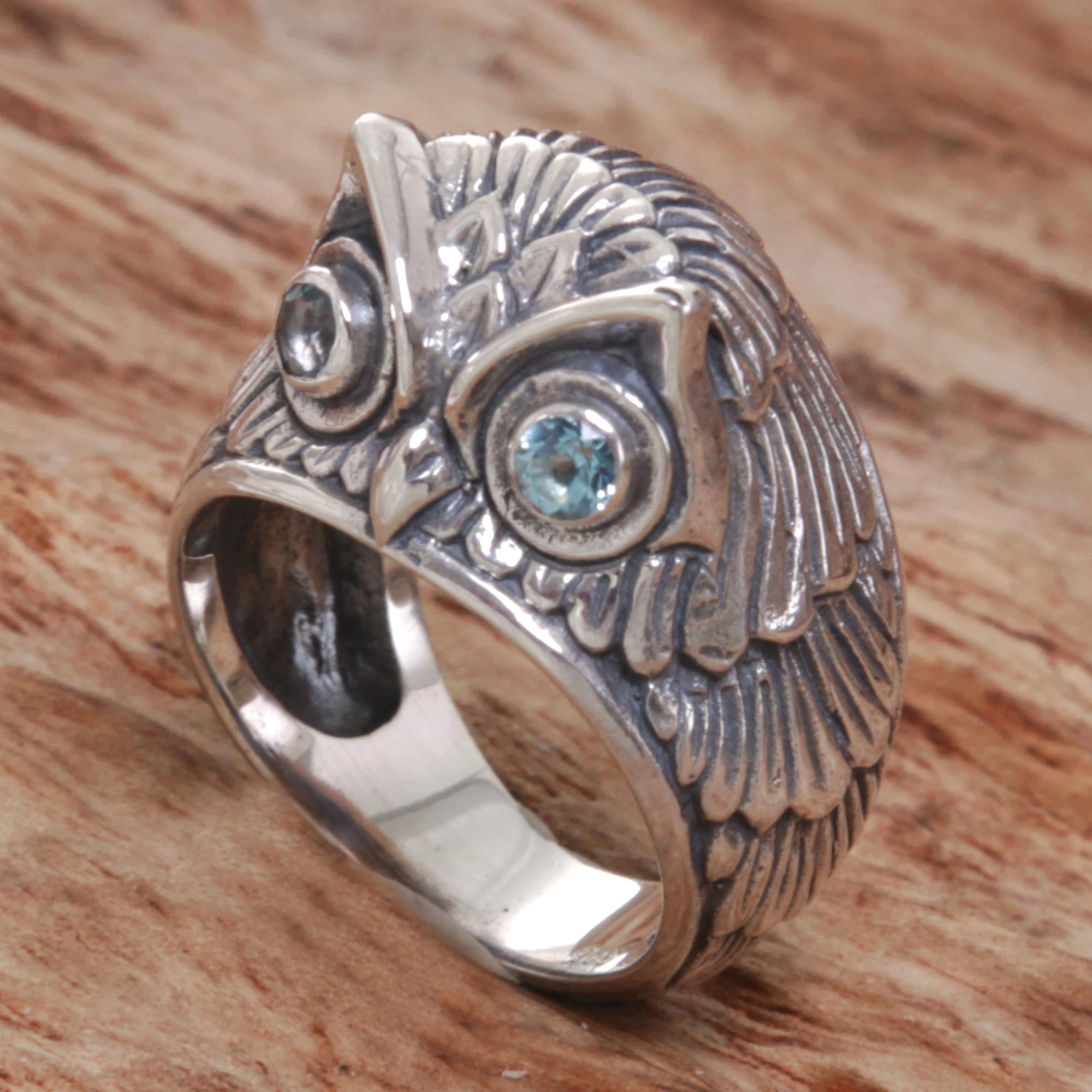 NOVICA Premium Blue Topaz Sterling Silver Owl Ring 'Night Watcher in Blue'