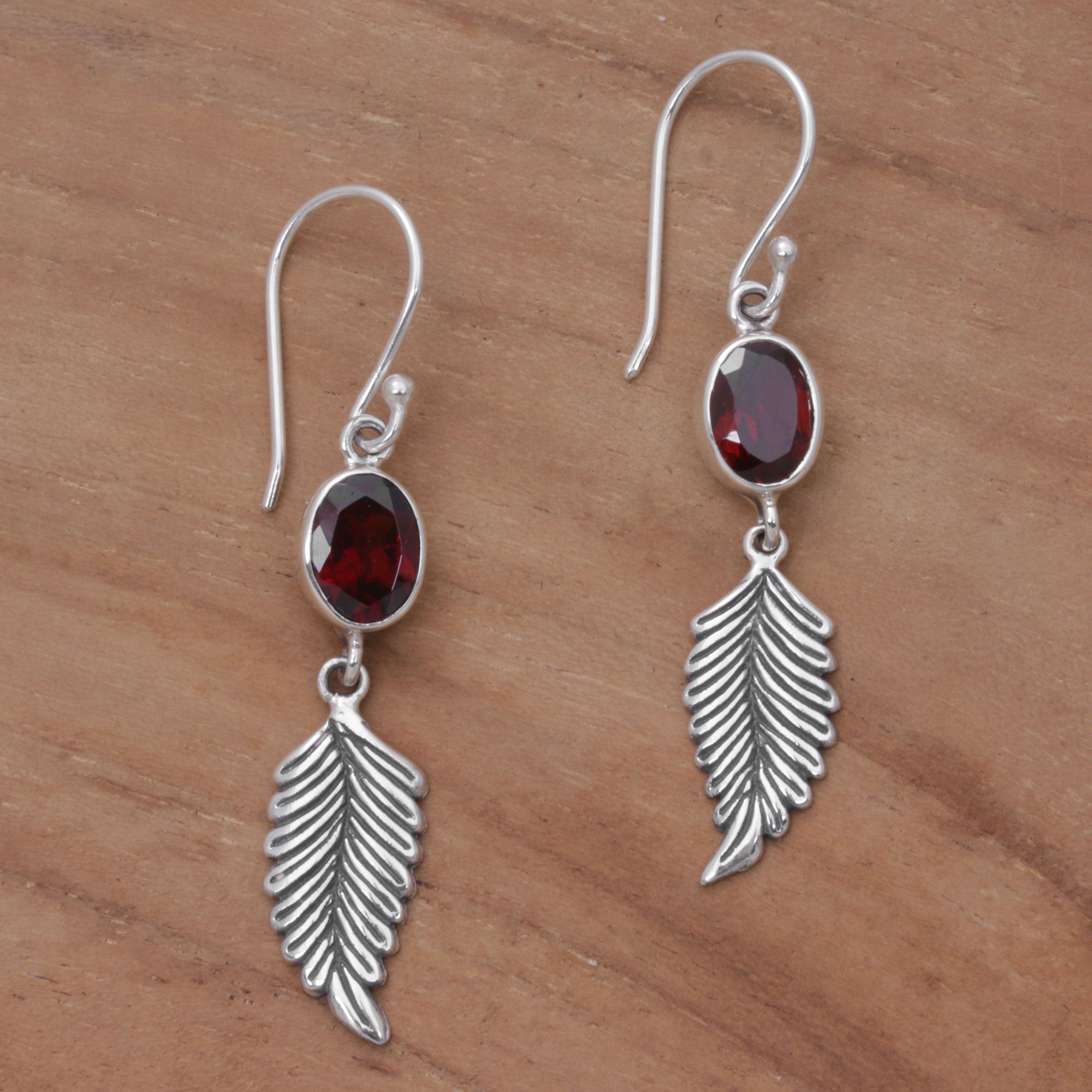 Premium Passionate Hope Balinese 925 Sterling Silver Feather Earrings with Garnet Gemstones