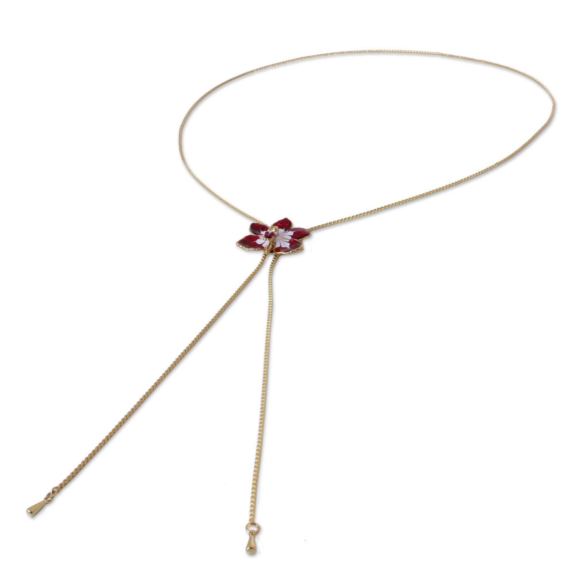 Premium Natural Orchid Pendant Lariat Necklace - Handcrafted Elegance