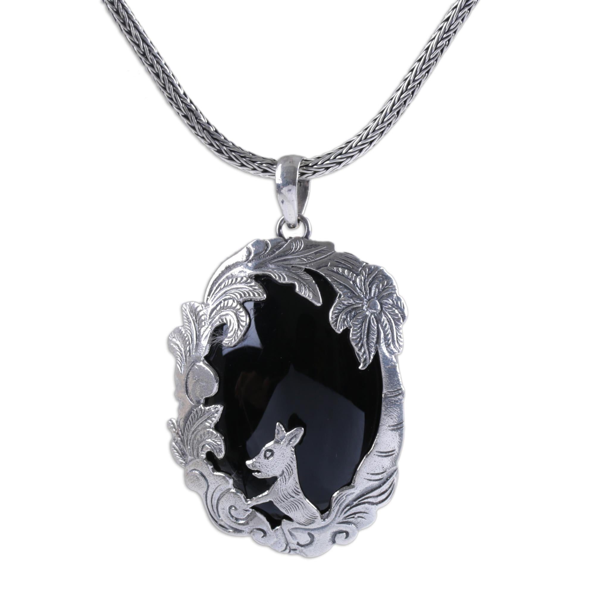 Premium Bali Animal-Themed Sterling Silver & Onyx Pendant Necklace - Wondrous Garden Collection