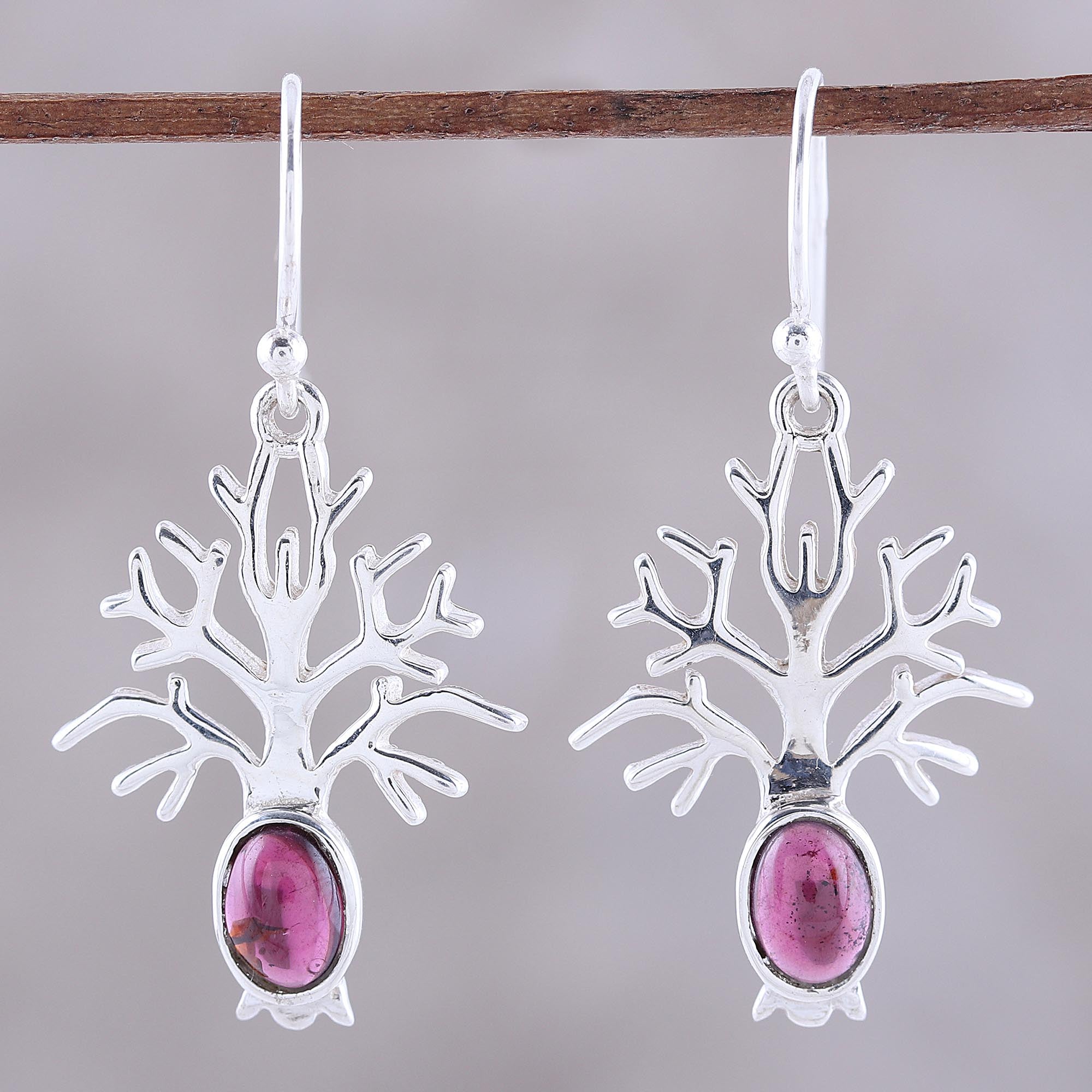 Premium Garnet Tree Dangle Earrings - Handcrafted Sterling Silver Jewelry from India