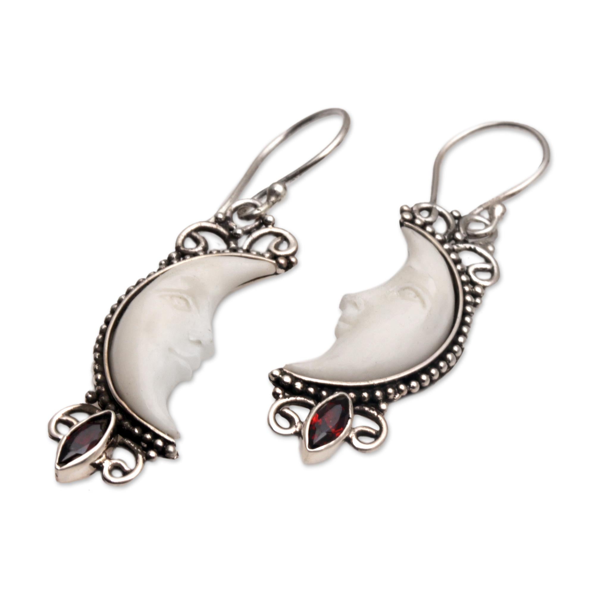 Premium Crescent Moon Dangle Earrings - Handcrafted Garnet & Silver Jewelry from Bali