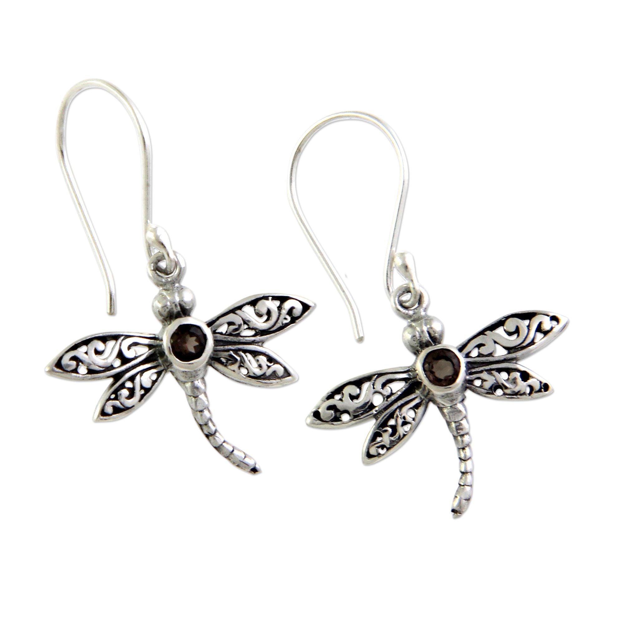 Premium Smoky Quartz Dragonfly Earrings - Handmade Sterling Silver