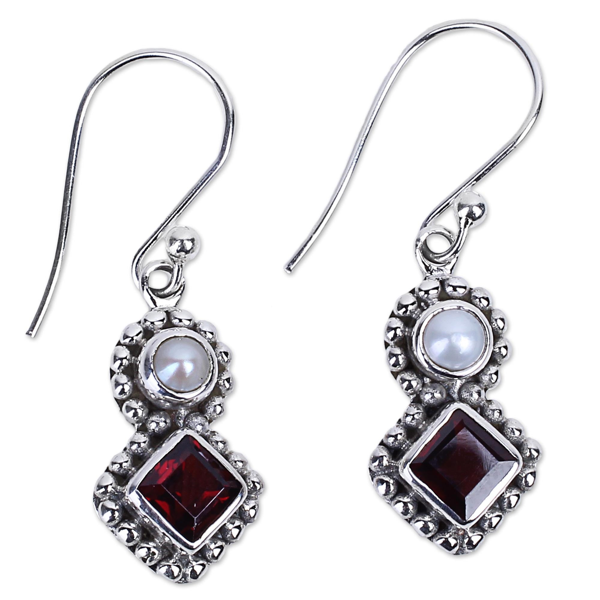 Premium Kolkata Sparkle Garnet and Cultured Pearl Dangle Earrings in Sterling Silver 925