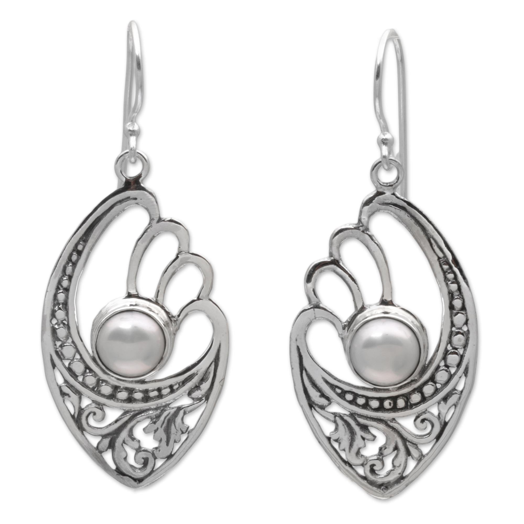 Premium White Cultured Pearl Sterling Silver Balinese Earrings by Wirabhuwana