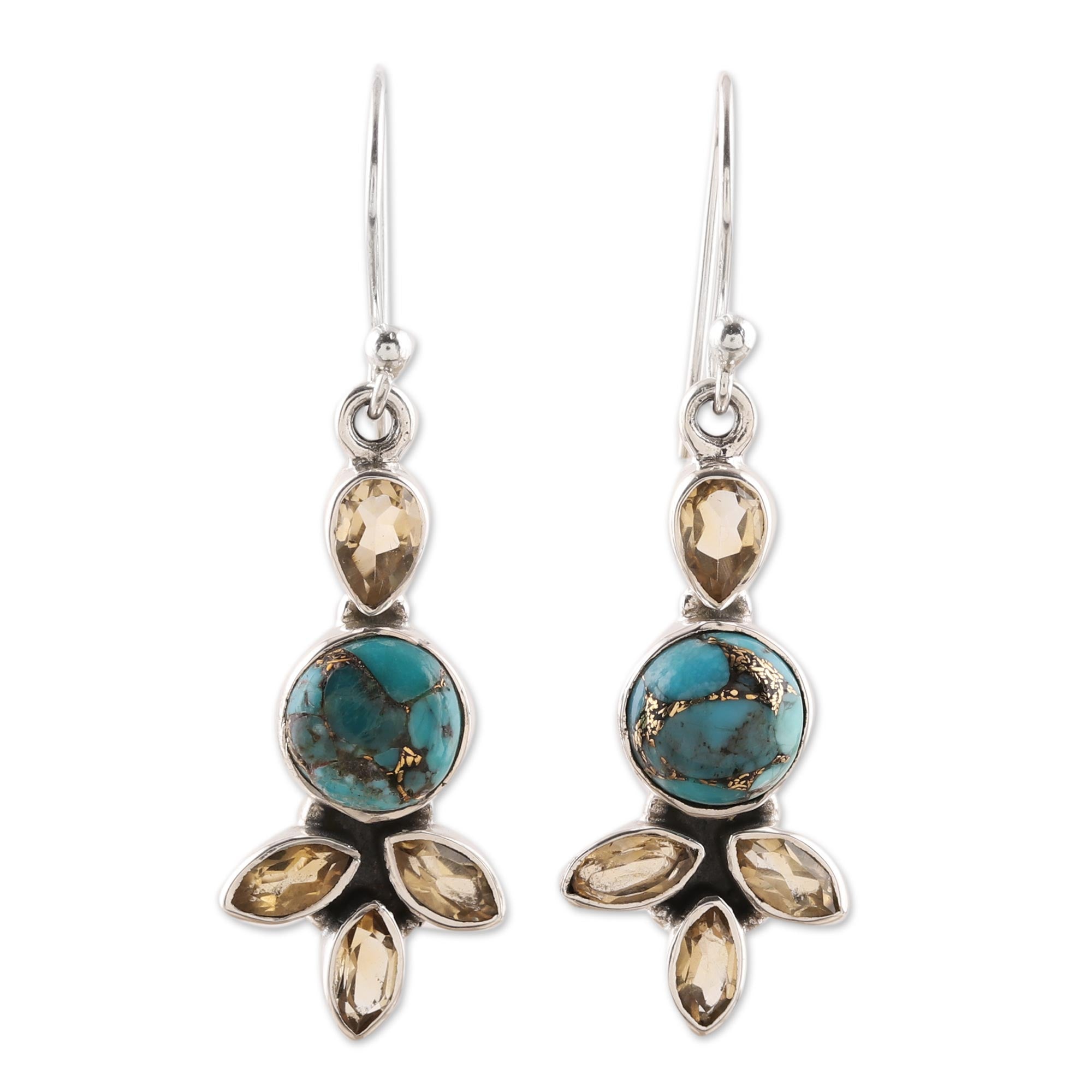 Premium Glimmering Glory Citrine & Turquoise Dangle Earrings - Handcrafted in India