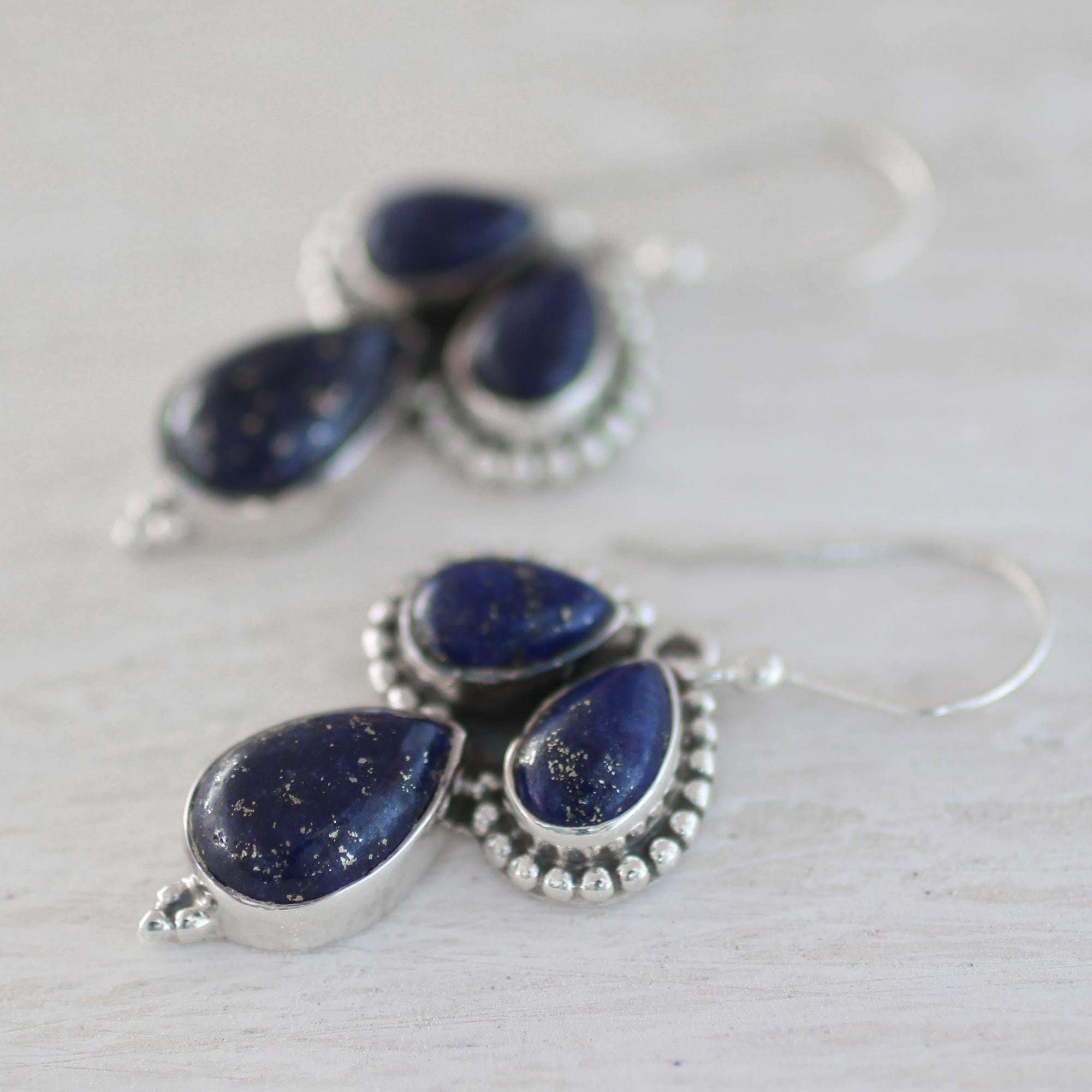 Premium Lapis Lazuli Sterling Silver Dangle Earrings – Handcrafted Trio Design