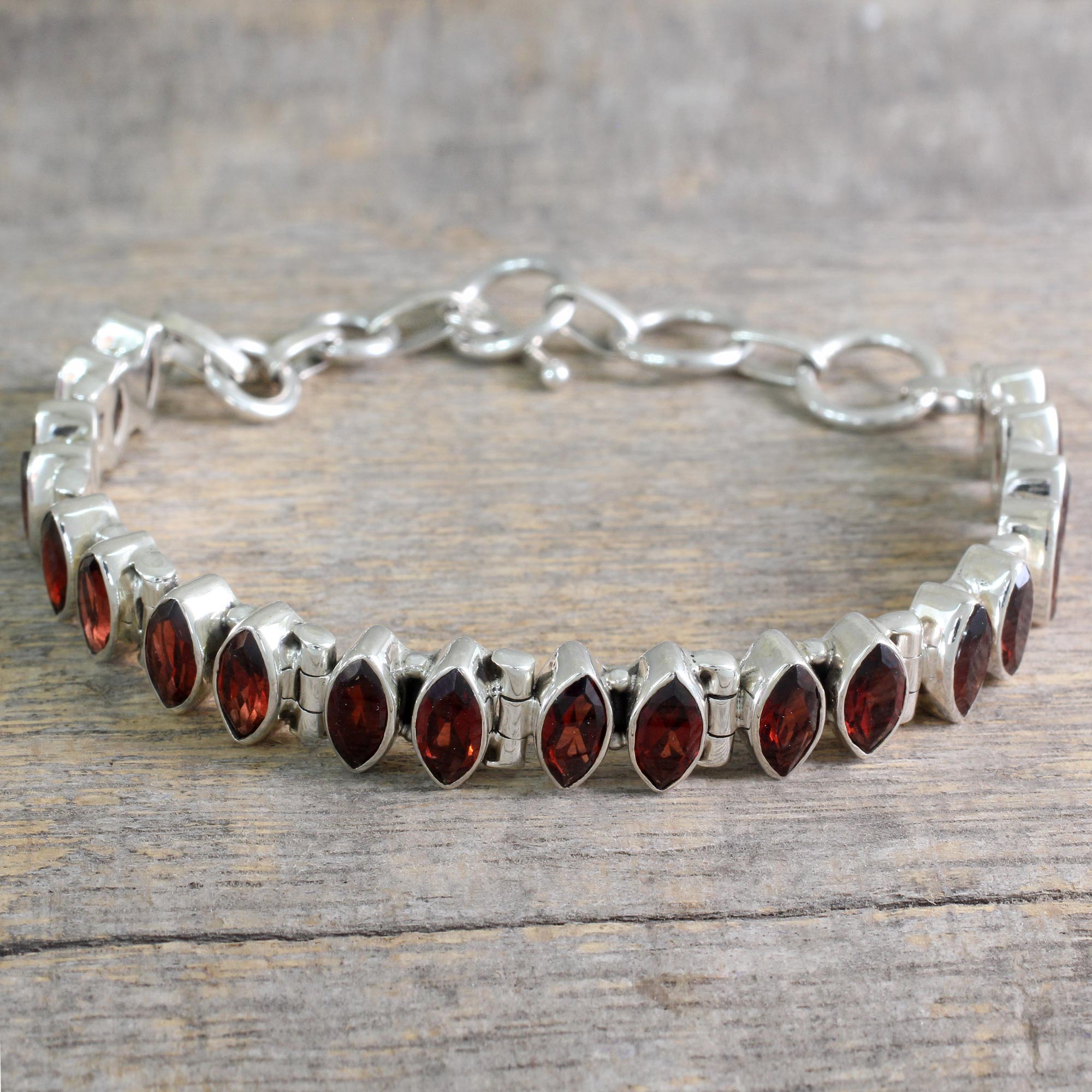 Premium Marquise Garnet & Silver Tennis Bracelet - Handcrafted in India