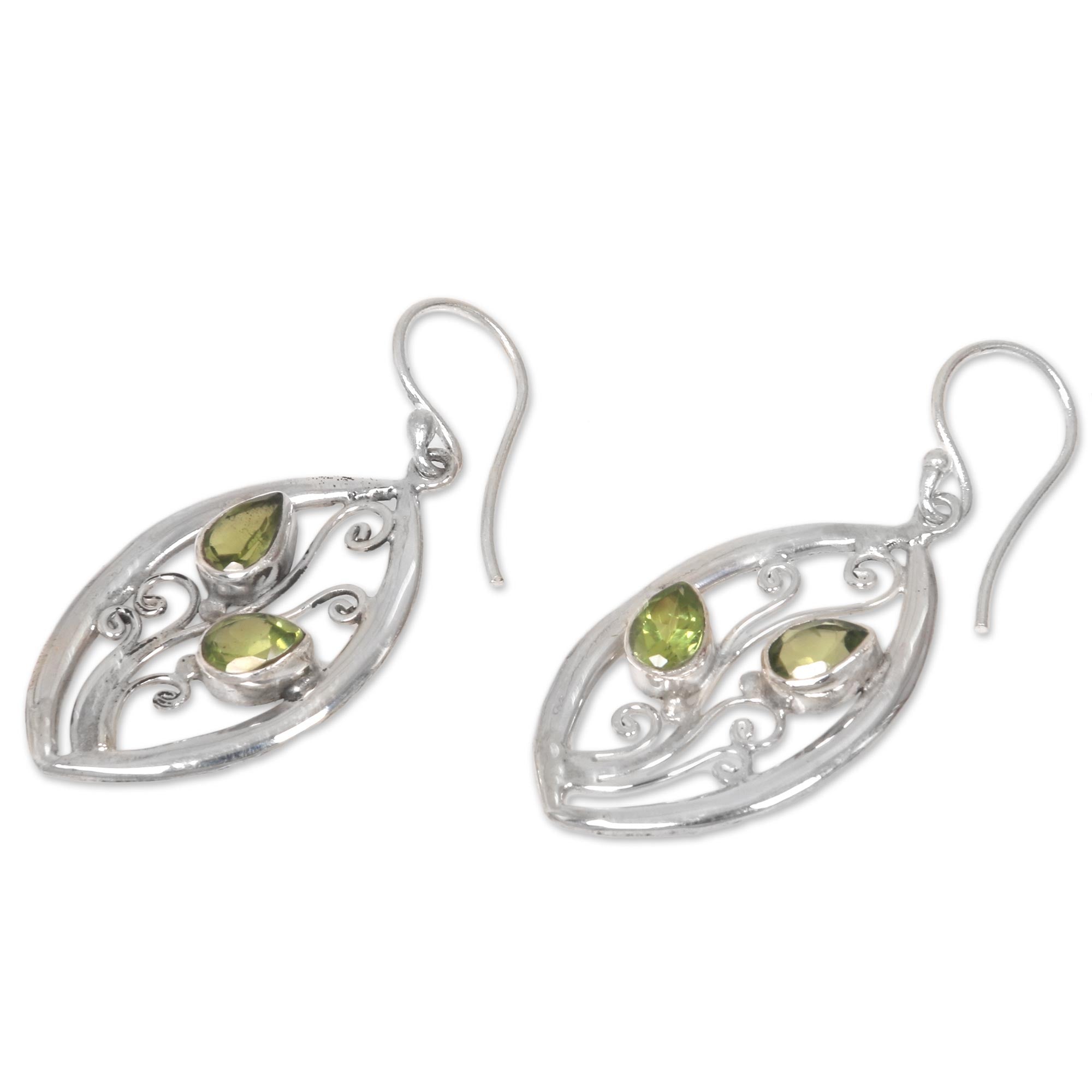 Premium Paradise Leaves Artisan Sterling Silver Earrings with Peridot Gemstones