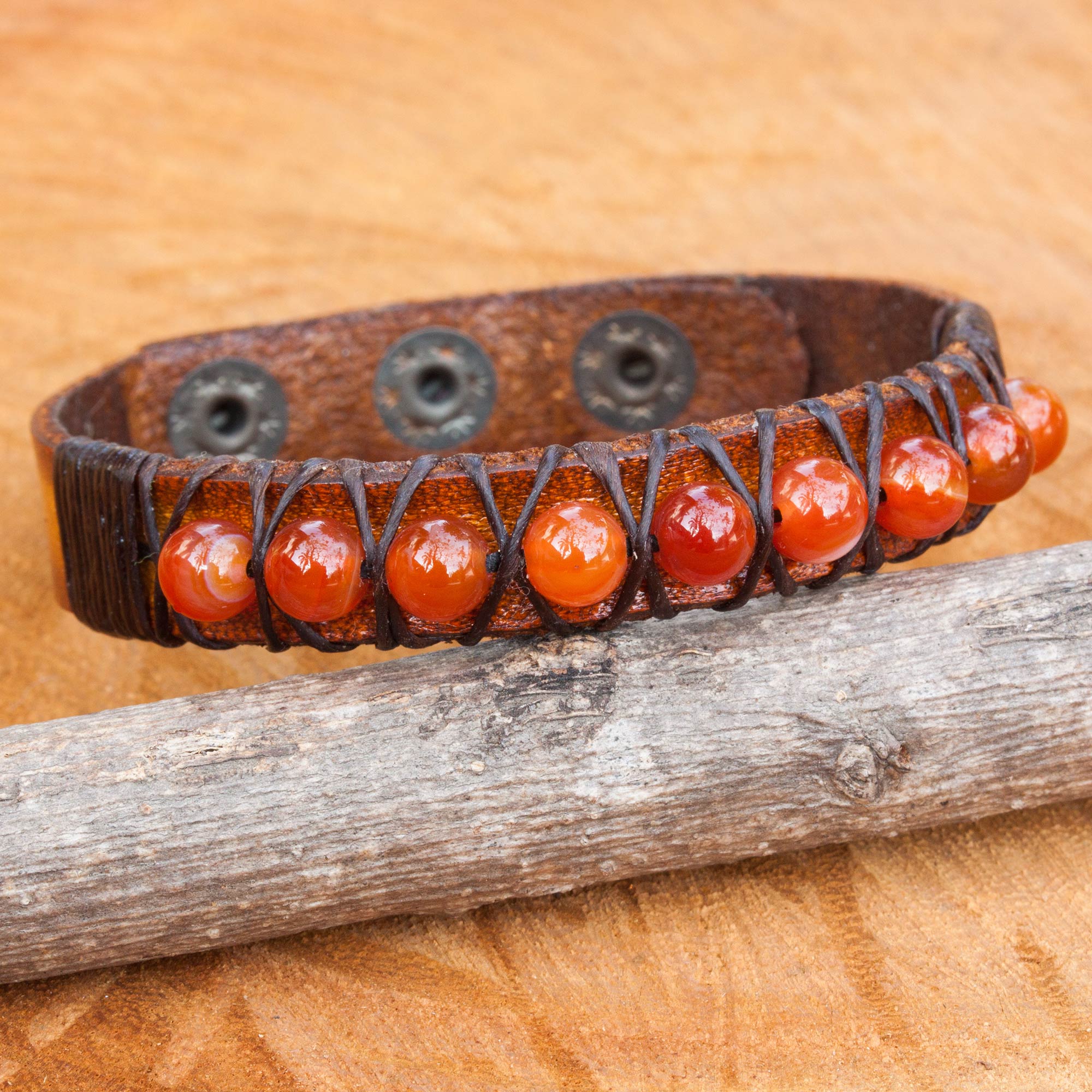 Premium Handcrafted Carnelian Leather Bracelet - Adjustable & Vibrant Orange