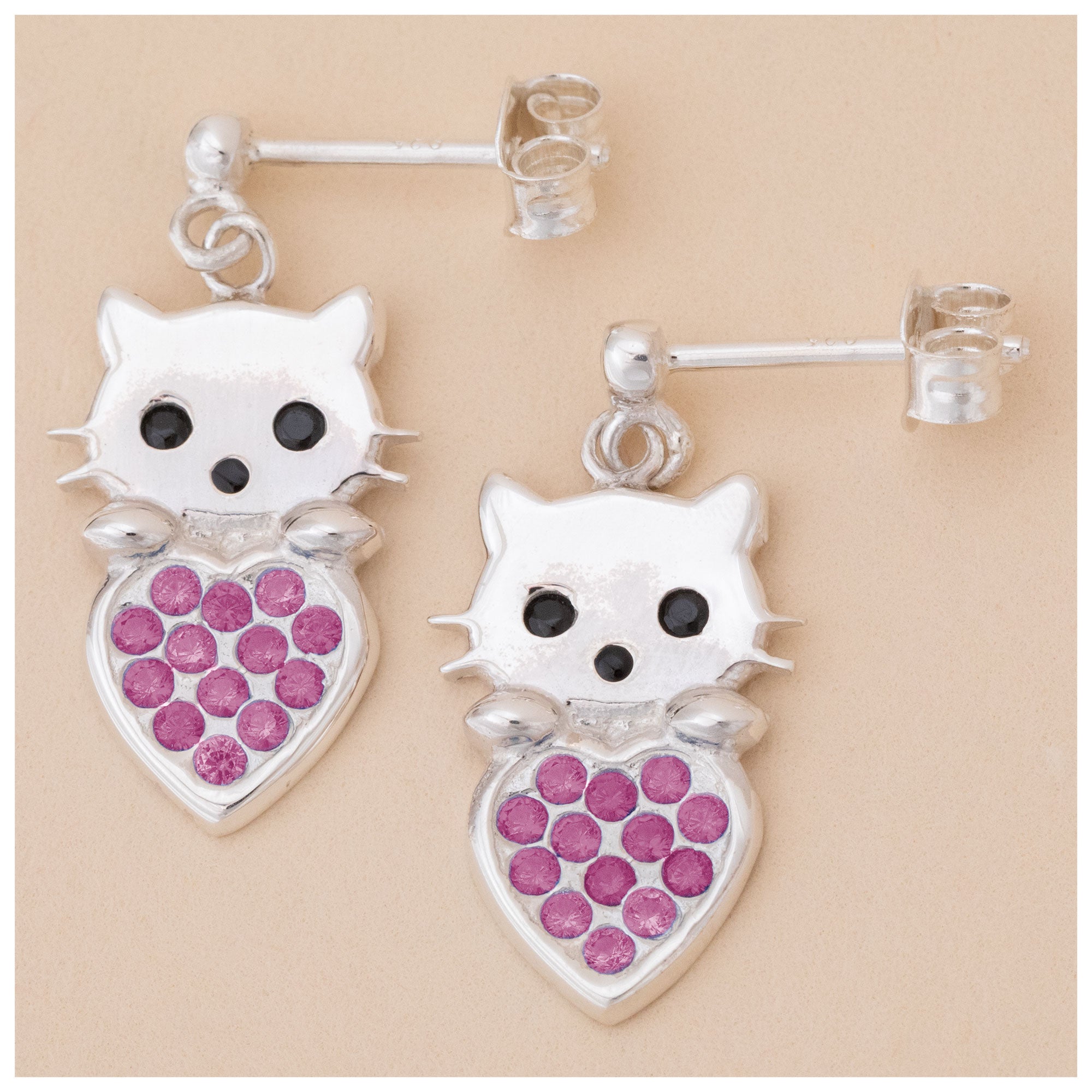 Premium Sterling Silver Cat & Heart Birth Month Drop Earrings