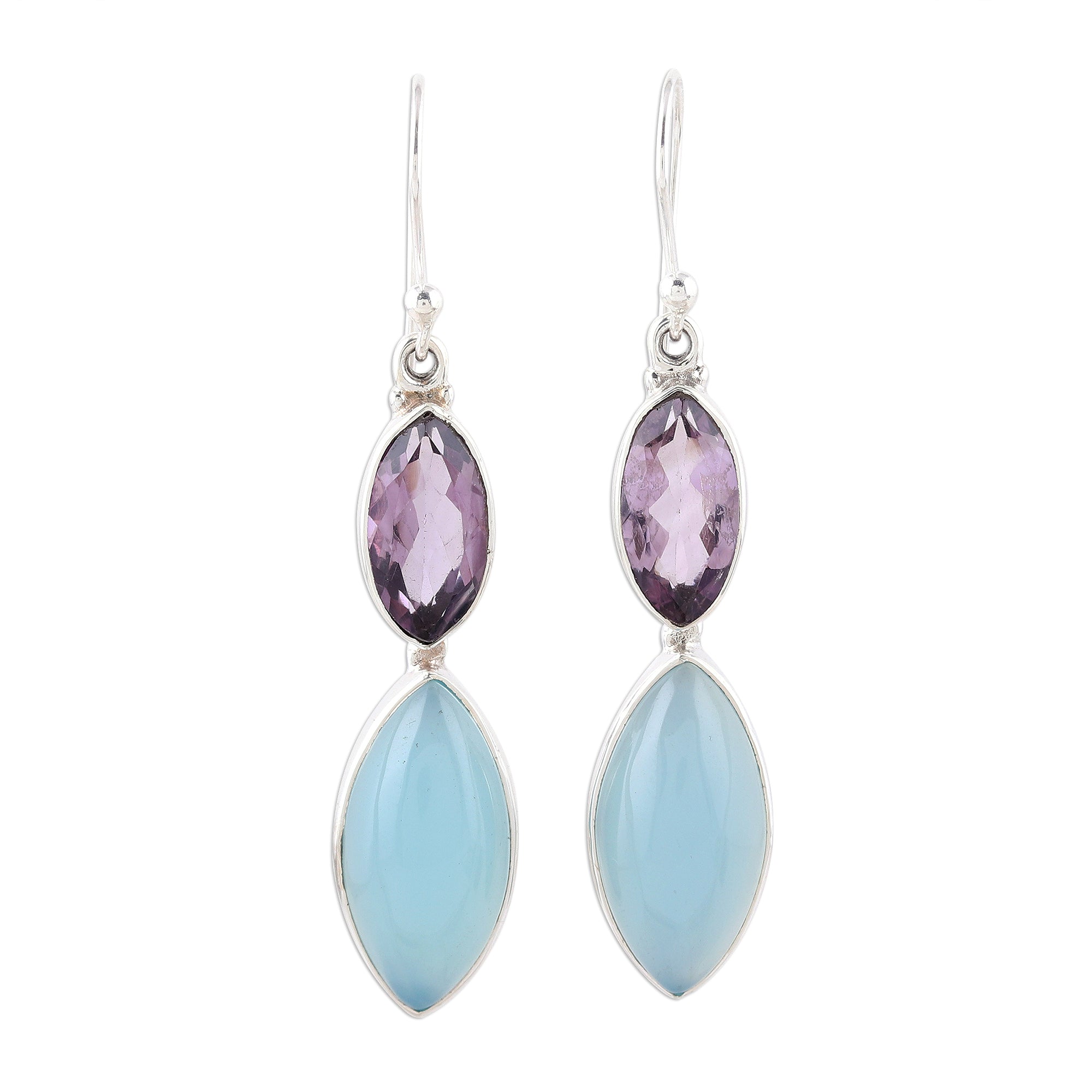 Premium Sterling Silver Blue Chalcedony & Amethyst Dangle Earrings – Timeless Elegance