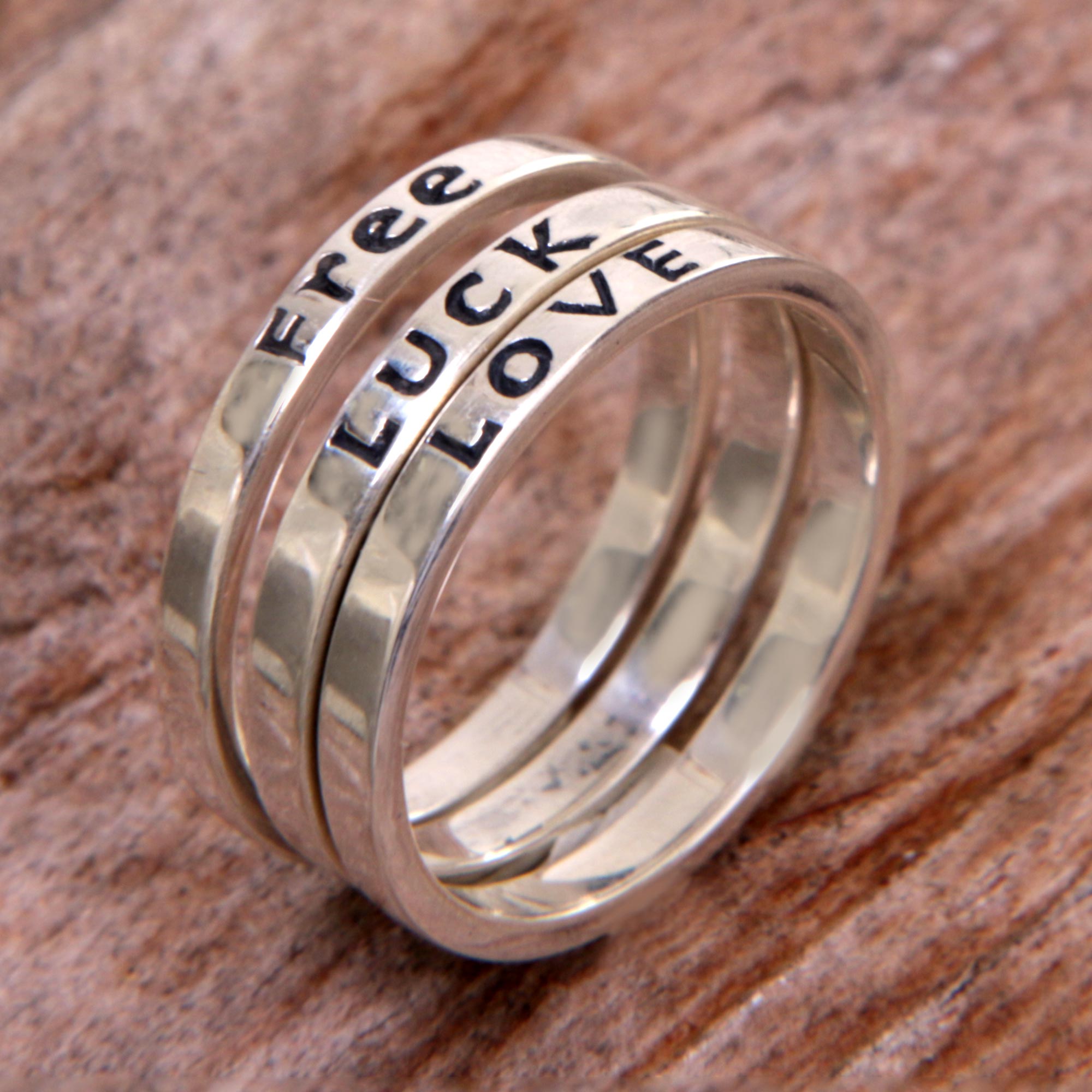 Premium Balinese Silver Stacking Rings - Free, Love, Luck (Set of 3)