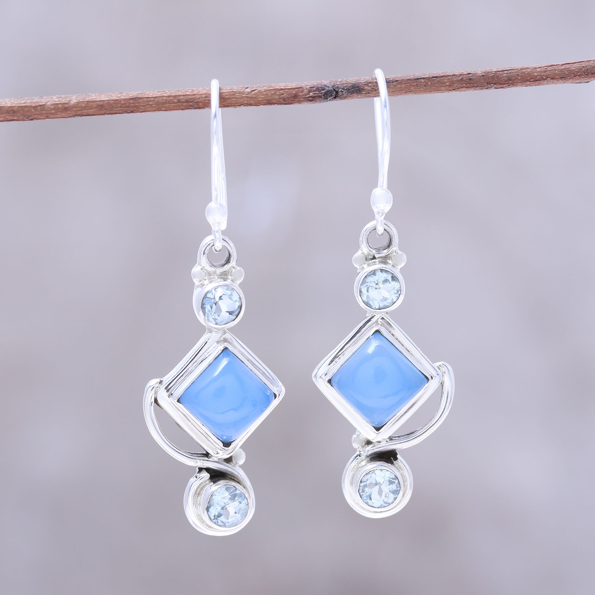 Premium Ocean-Inspired Blue Topaz & Chalcedony Dangle Earrings - Handmade Sterling Silver Jewelry