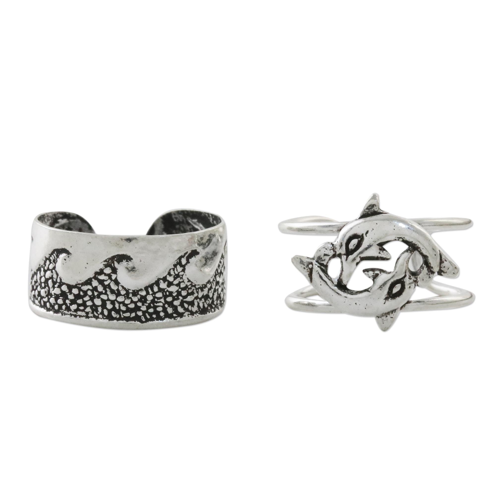 Premium Sterling Silver Dolphin & Wave Ear Cuffs - Nature-Inspired Elegance