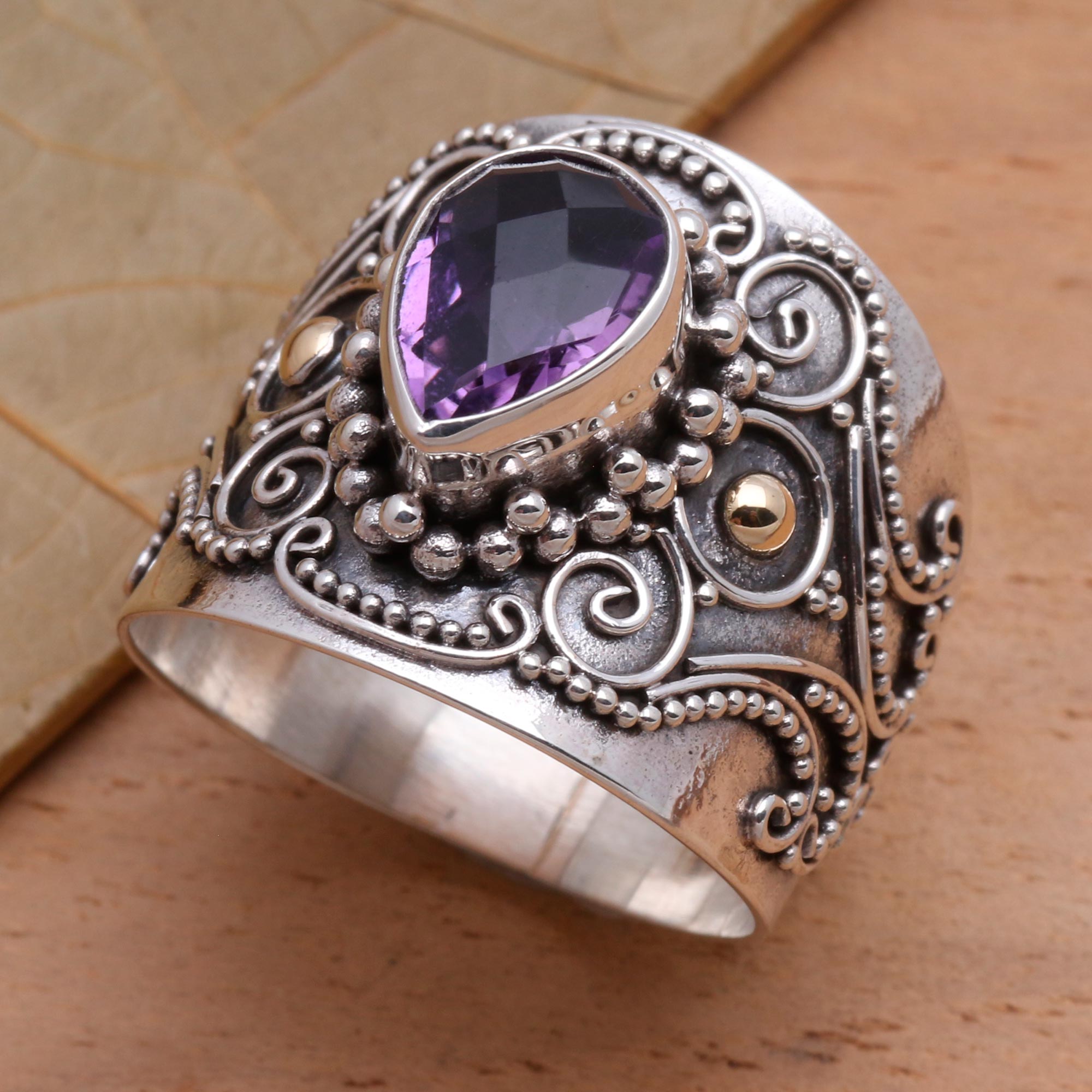 Premium Balinese Amethyst Ring with Gold Accents - Elegant Checkerboard Design