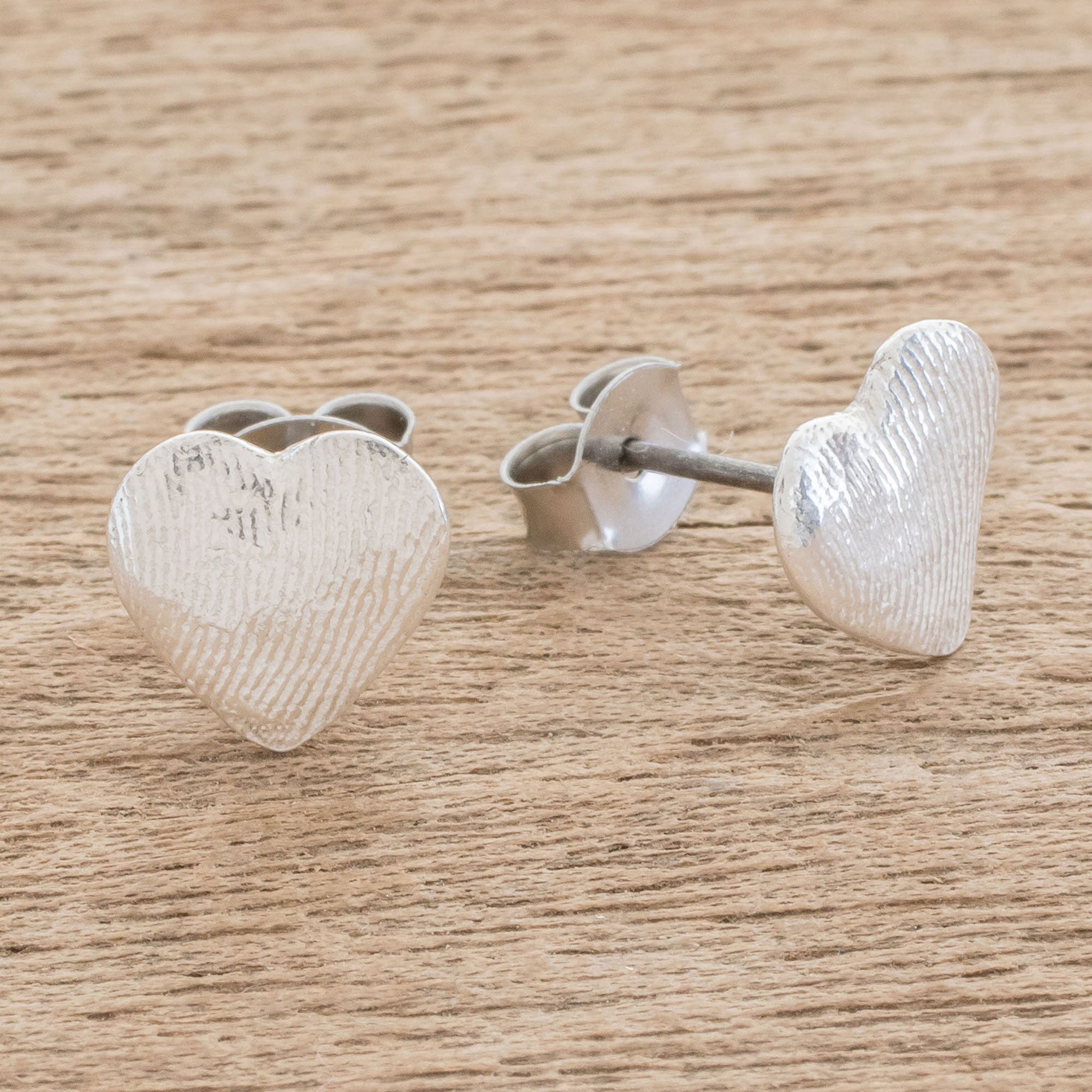 Premium Heart-Shaped Silver Stud Earrings with Artisan Fingerprint Detail