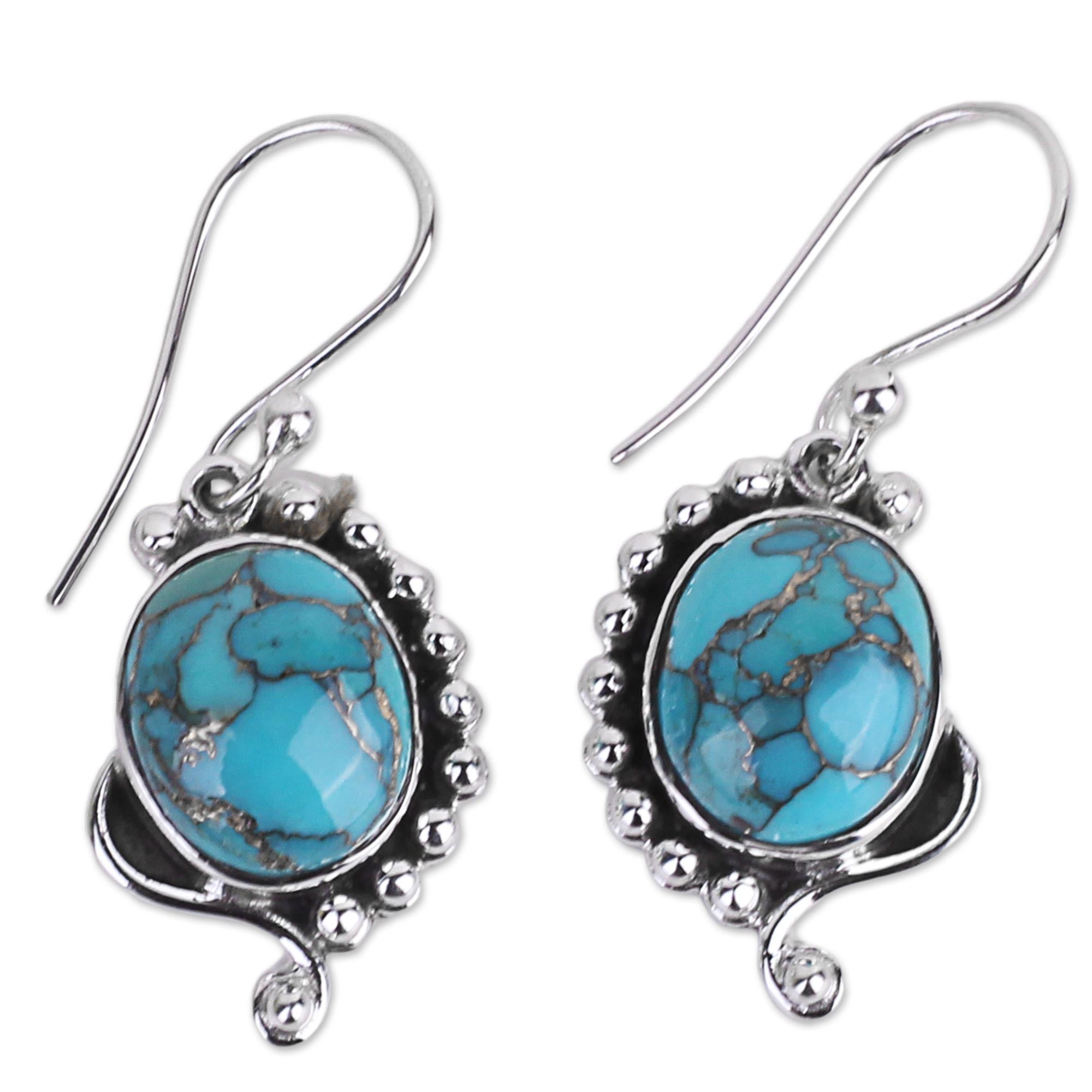 Premium Handcrafted Blue Paisley Sterling Silver Earrings with Composite Turquoise