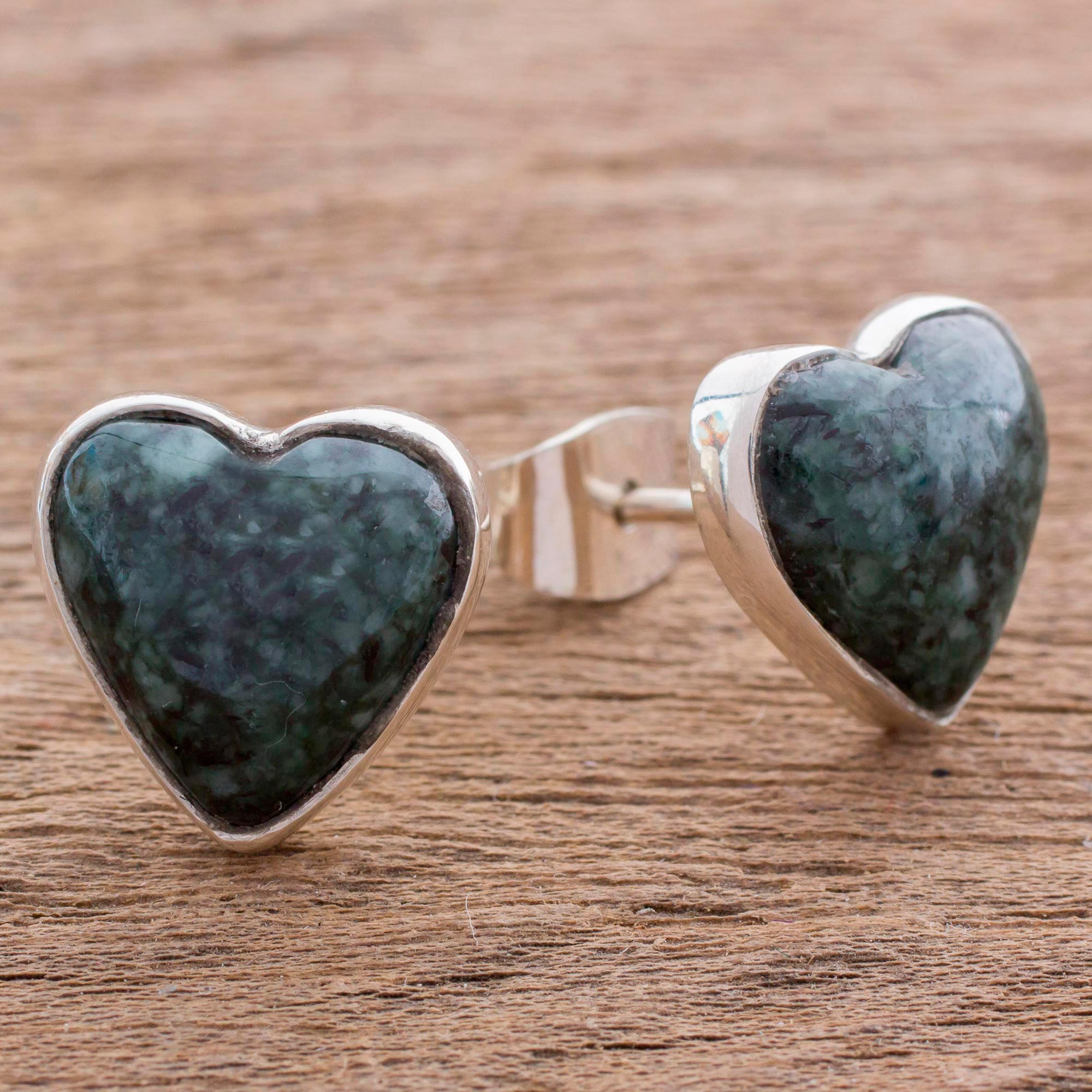 Premium Dark Green Jade Heart Earrings - Handcrafted Sterling Silver Jewelry