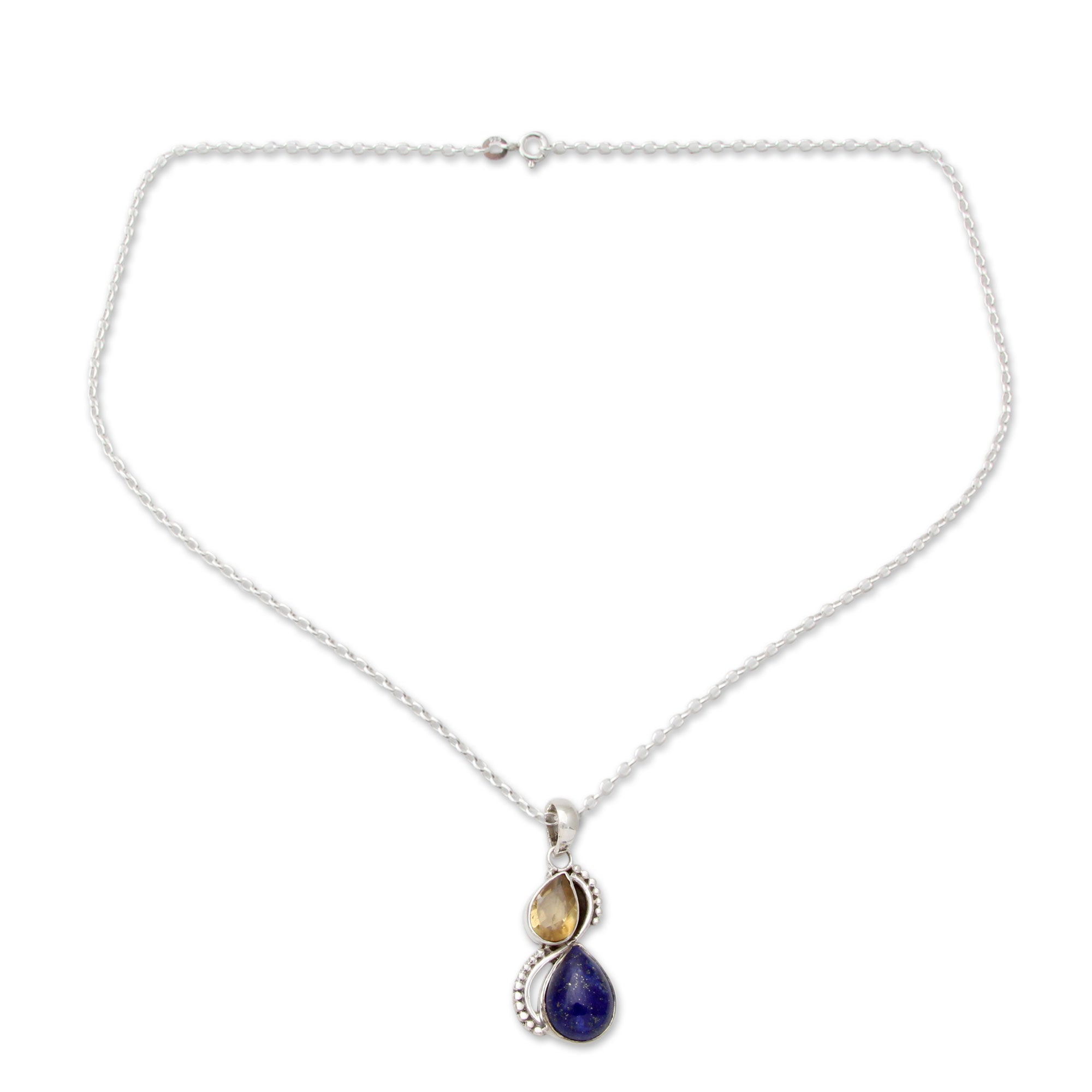 Premium Two Teardrops Citrine & Lapis Lazuli Necklace