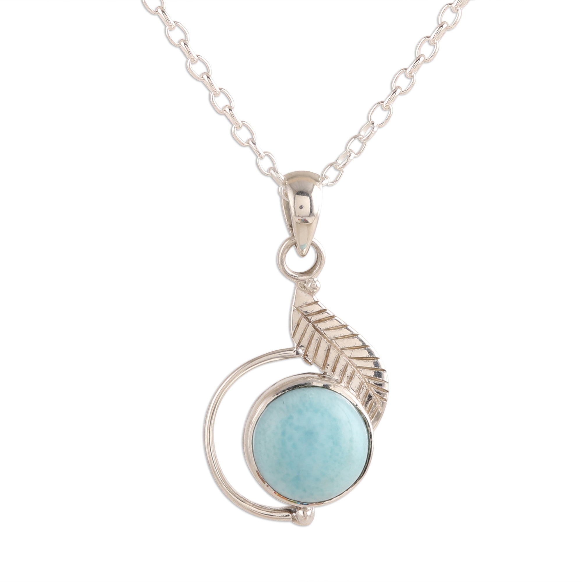 Premium Larimar Leaf Pendant Necklace - Handcrafted Sterling Silver Jewelry