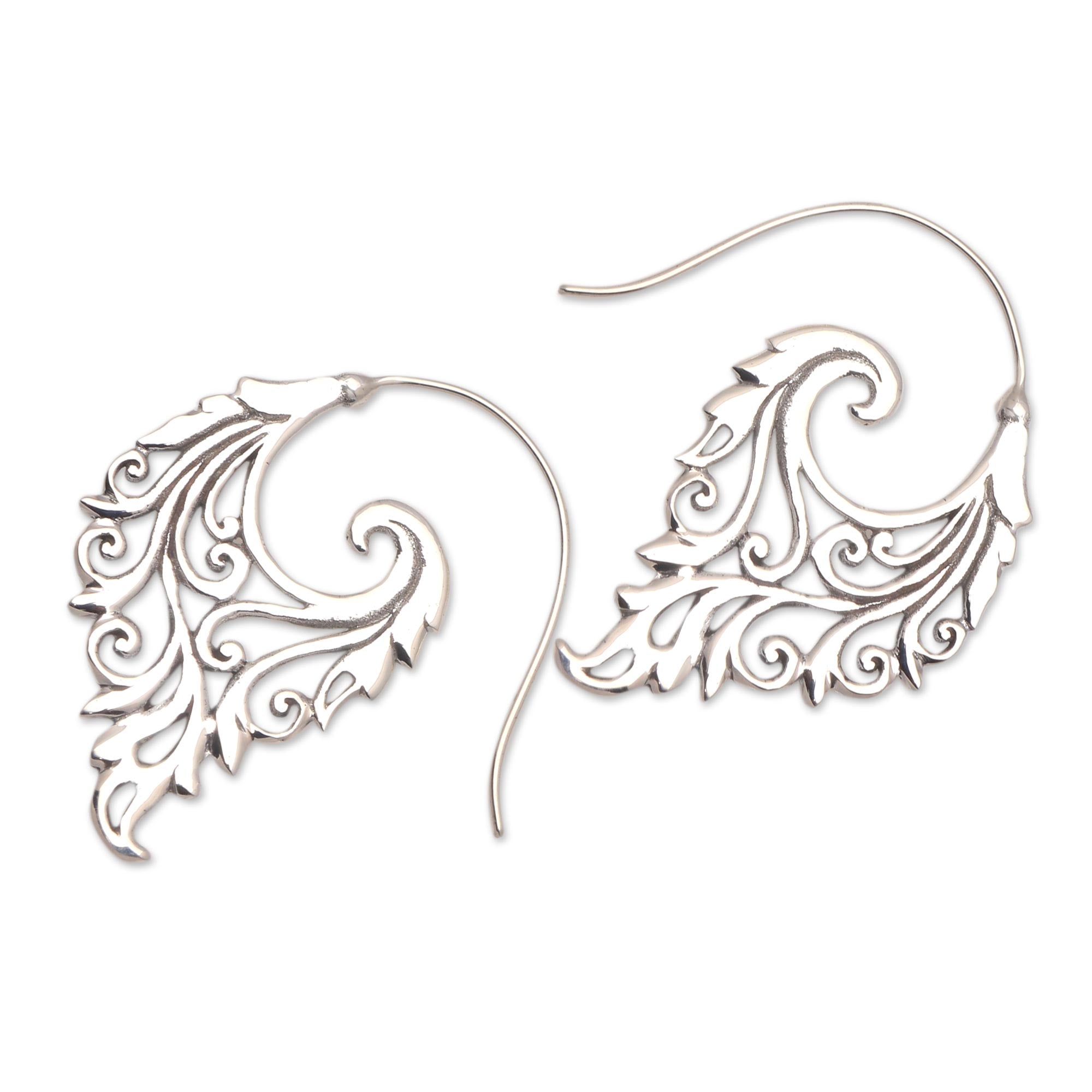 Premium Bali Sterling Silver Half-Hoop Earrings with Vine Motif