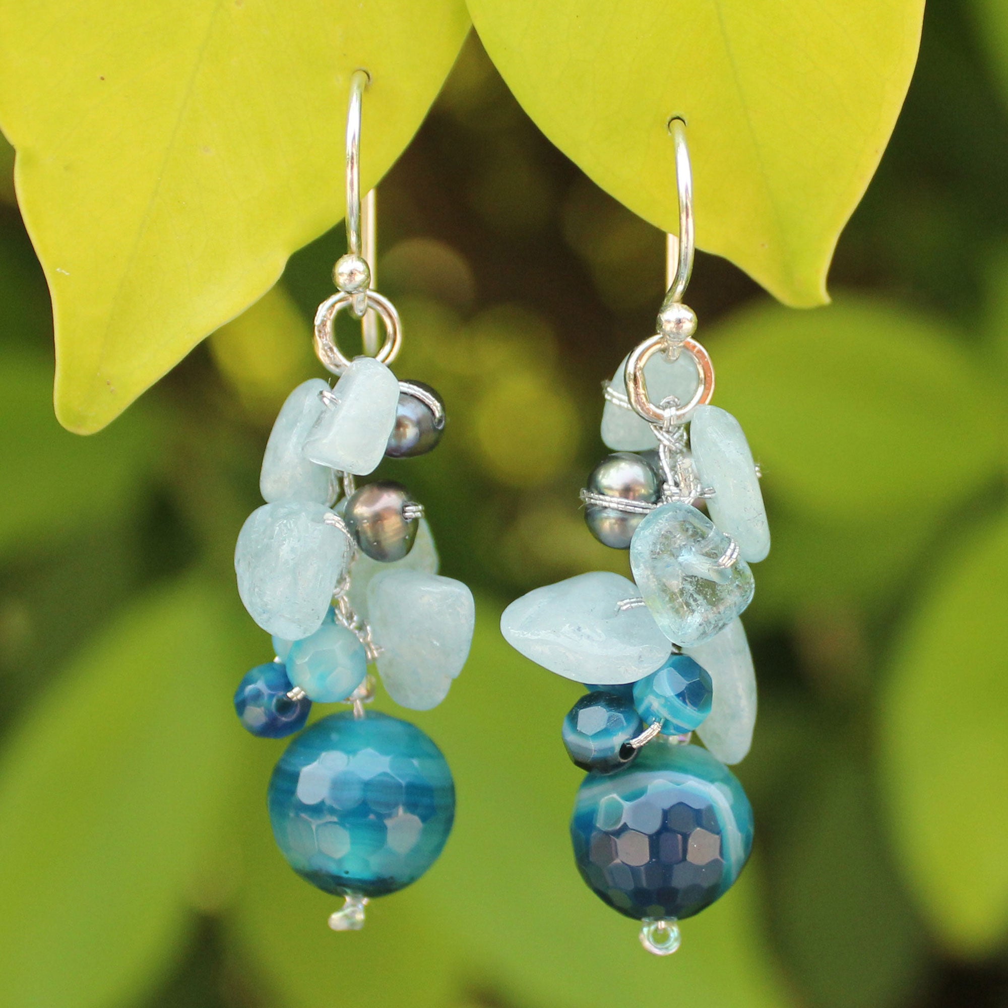 Premium Azure Love Gemstone & Pearl Beaded Earrings - Handmade Elegance