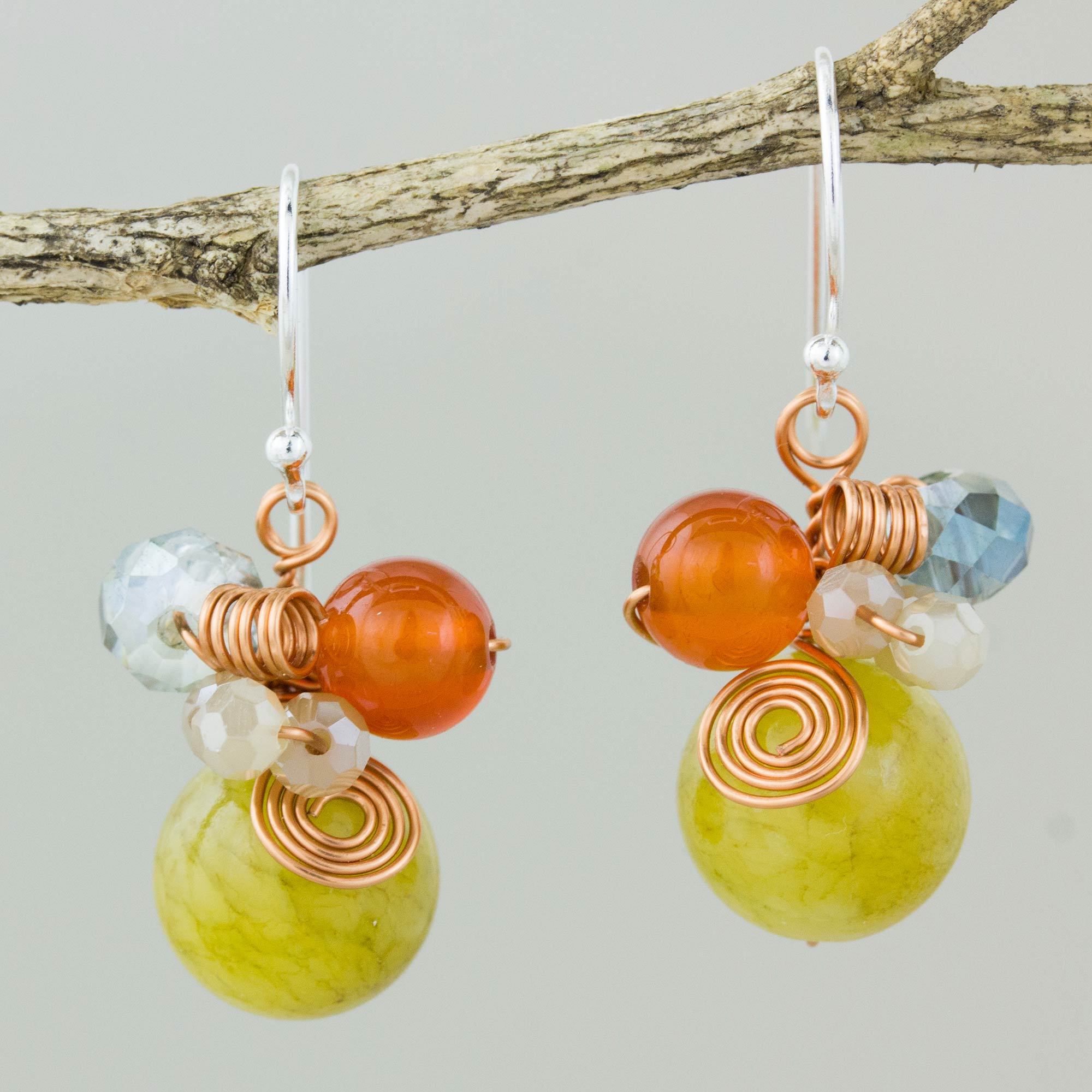 Premium Citron Bubbles Dangle Earrings – Green Quartz & Carnelian with Copper Accents