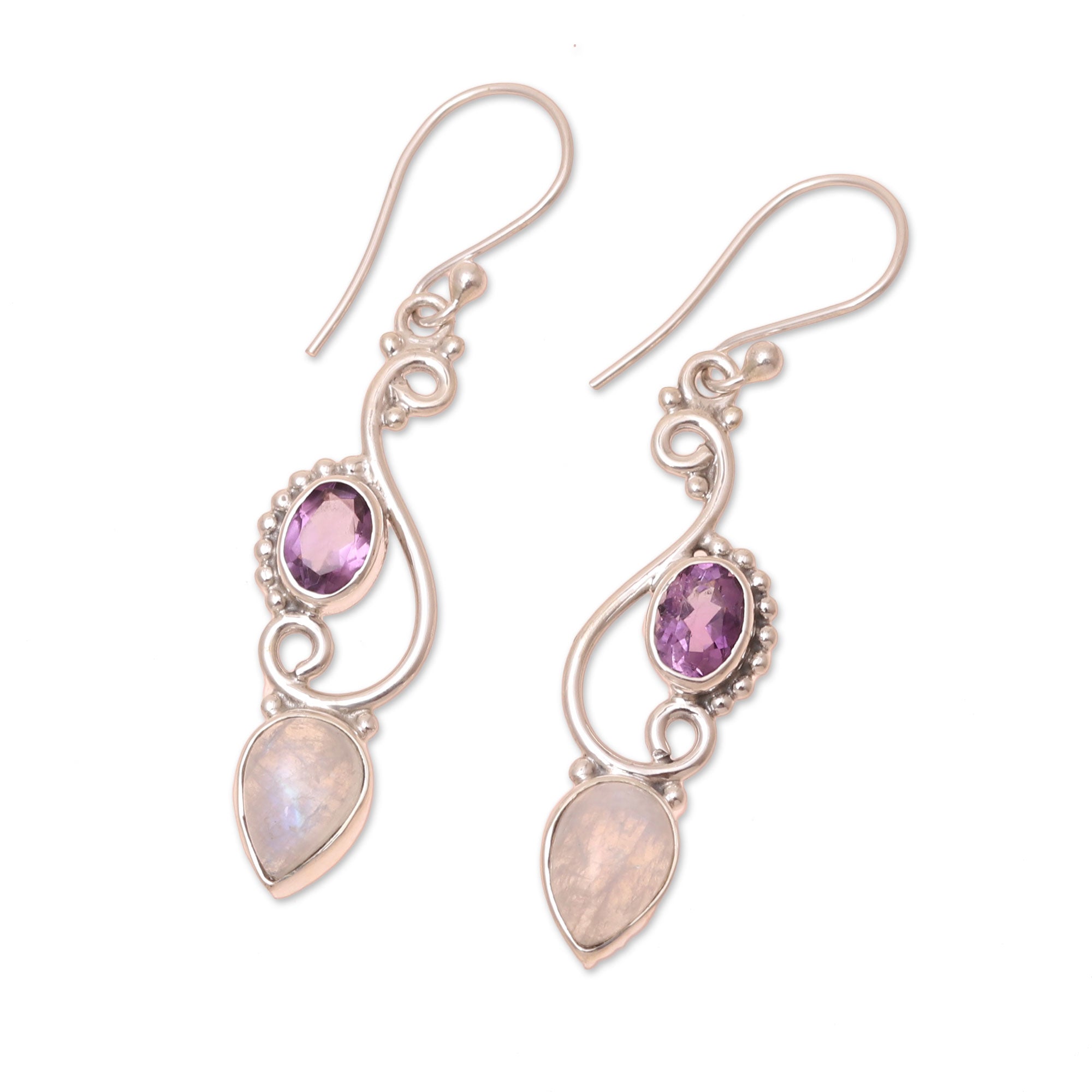 Premium Mystical Swirl Earrings: Rainbow Moonstone & Amethyst