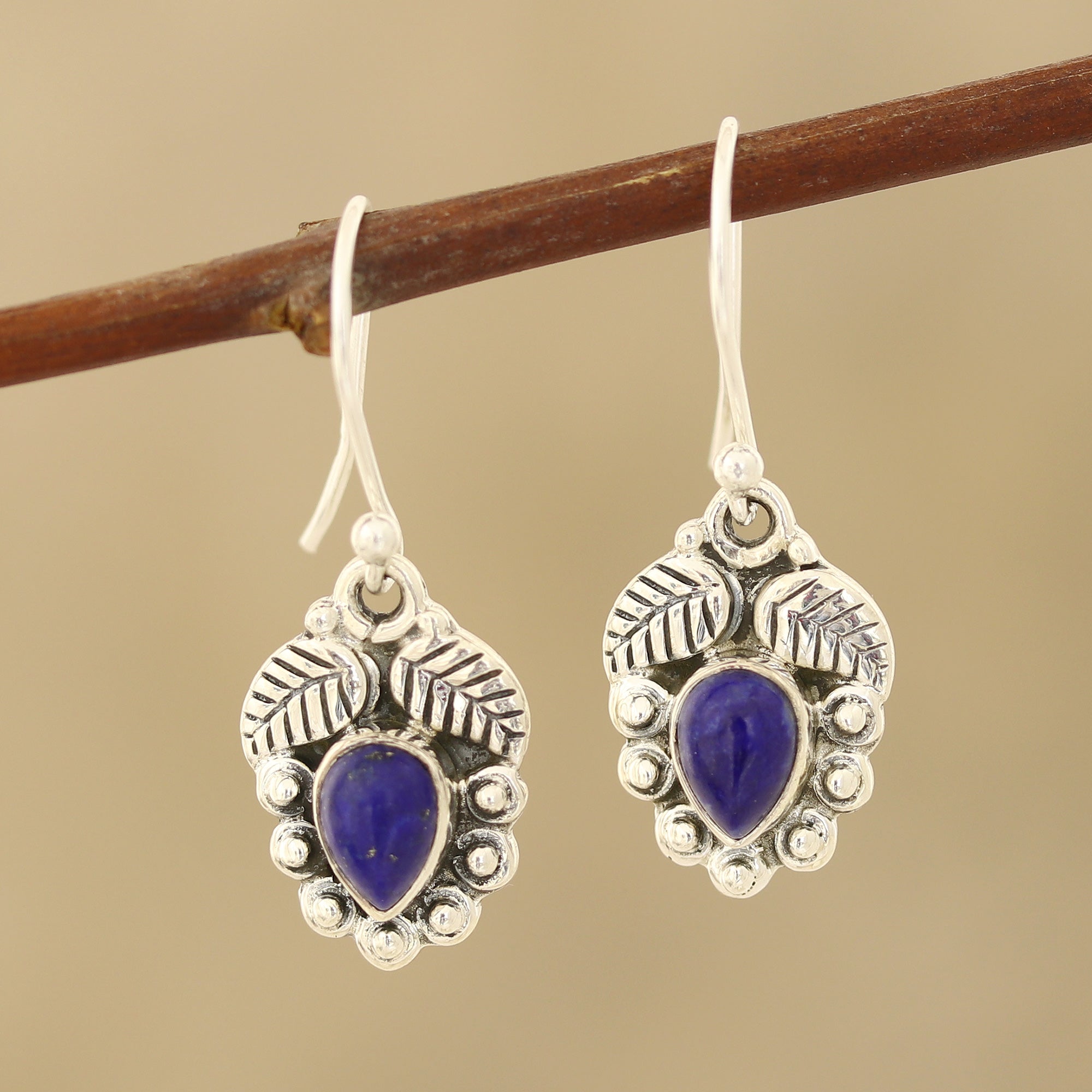 Premium Lapis Lazuli Leaf Dangle Earrings – Handcrafted Sterling Silver Jewelry from India