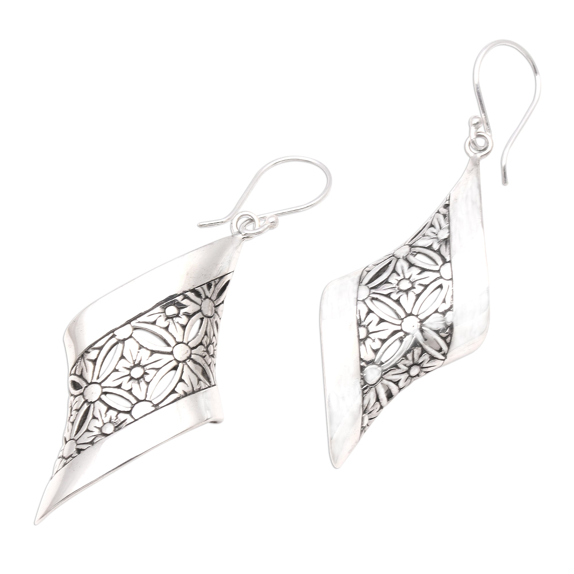 Premium Curved Floral Sterling Silver Dangle Earrings - Artisan Crafted in Bali