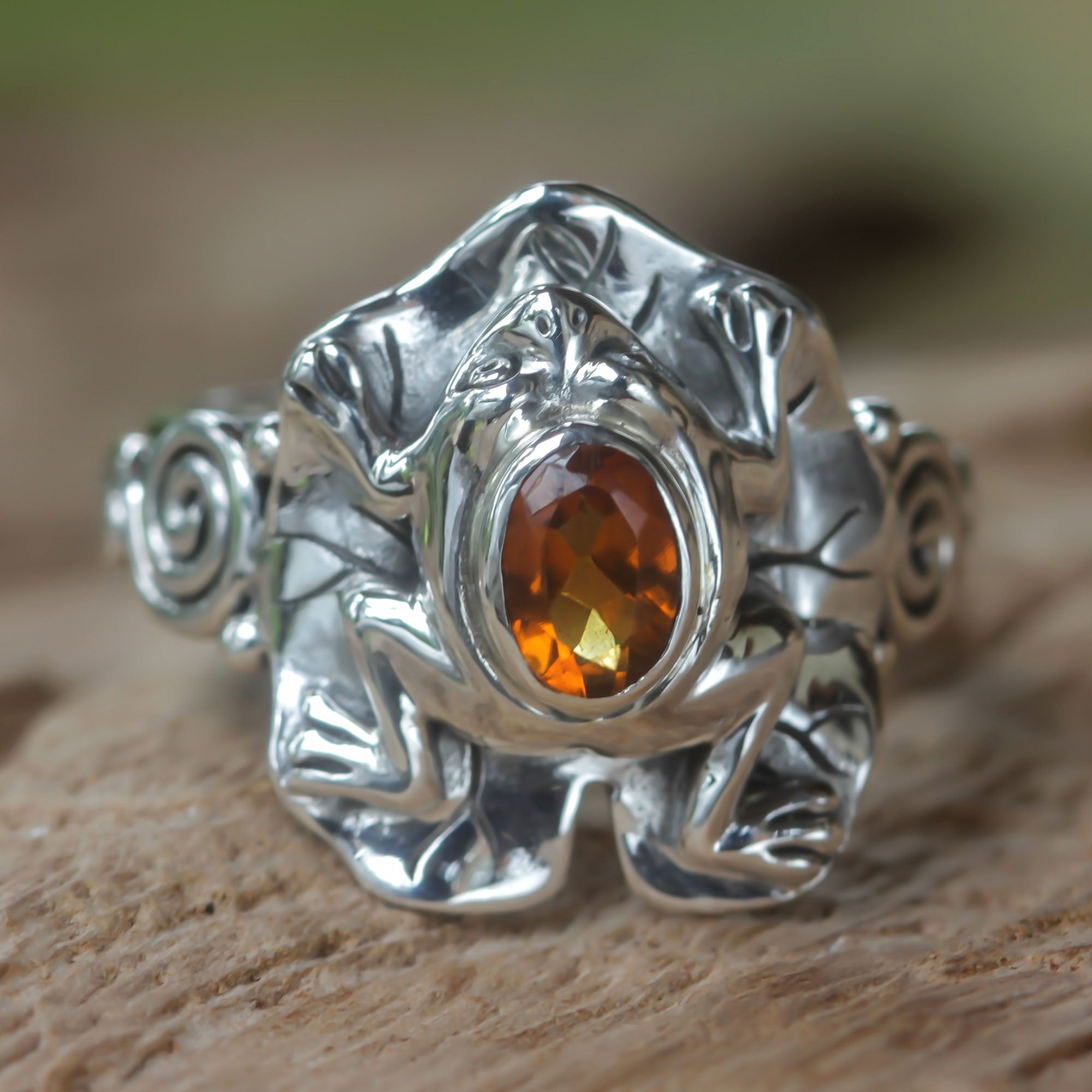 Premium Golden Rainforest Frog Citrine & Silver Cocktail Ring