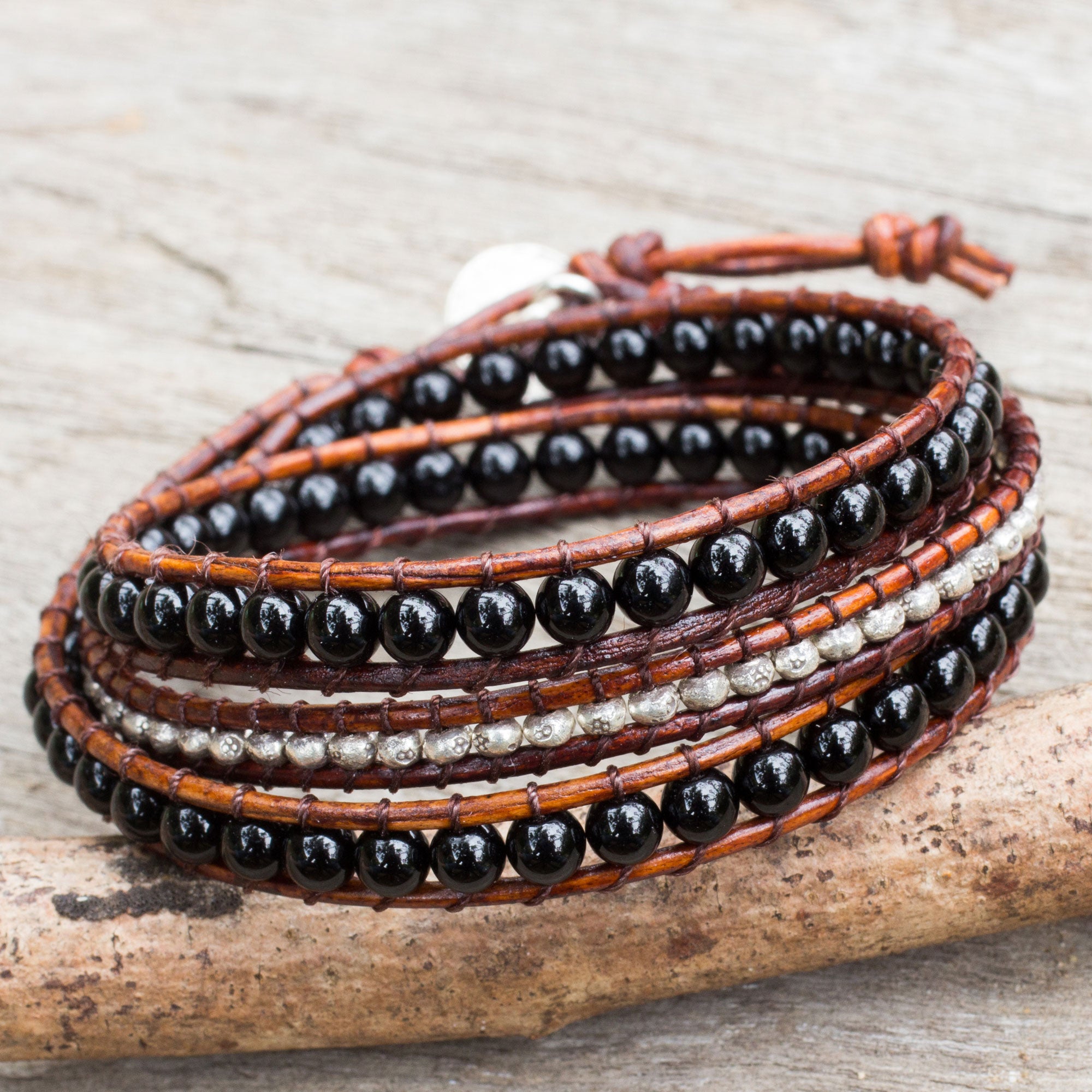 Premium Hill Tribe Boheme Onyx Leather Wrap Bracelet - Handcrafted in Thailand