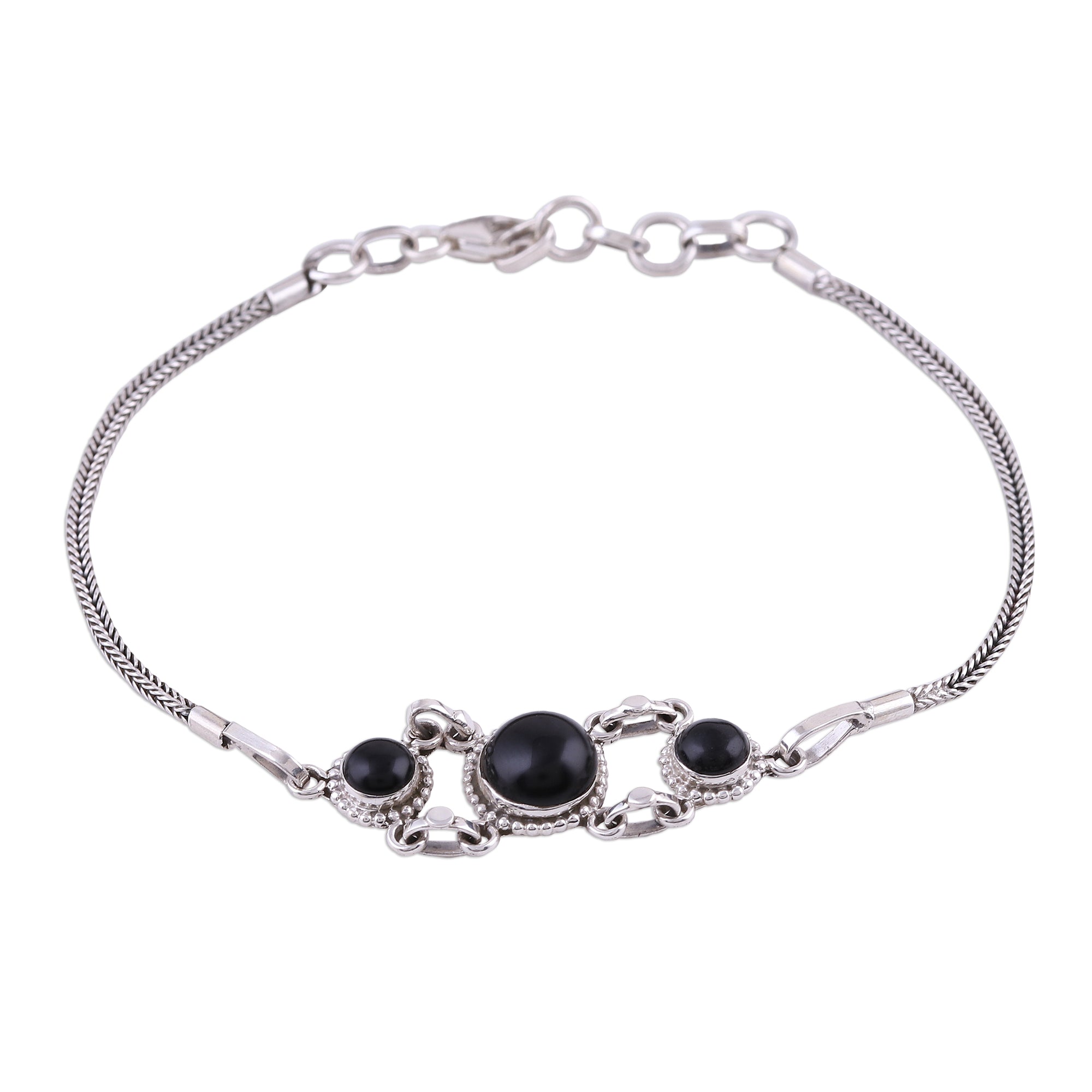 Premium Sterling Silver Onyx Pendant Bracelet with Foxtail Chain