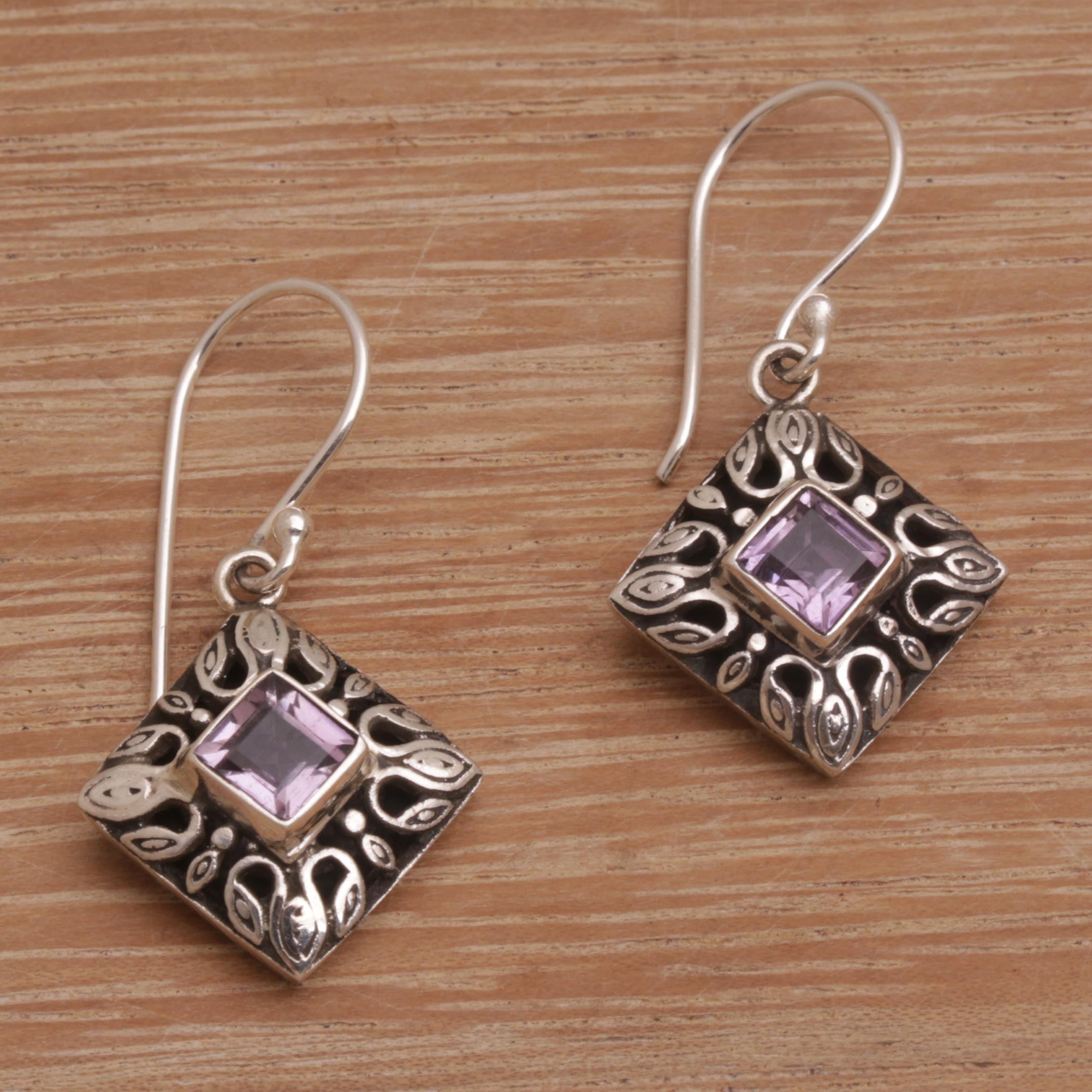 Premium Blessed Window Amethyst Dangle Earrings - Handcrafted Sterling Silver Jewelry from Bali