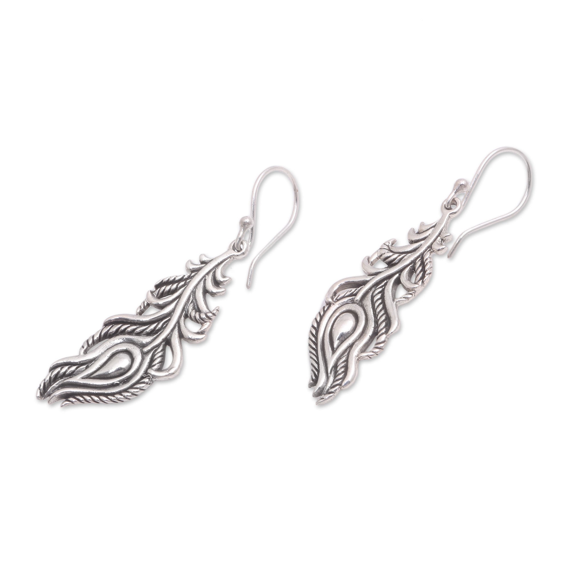 Premium Sterling Silver Peacock Feather Dangle Earrings - Bali Inspired Luck & Elegance