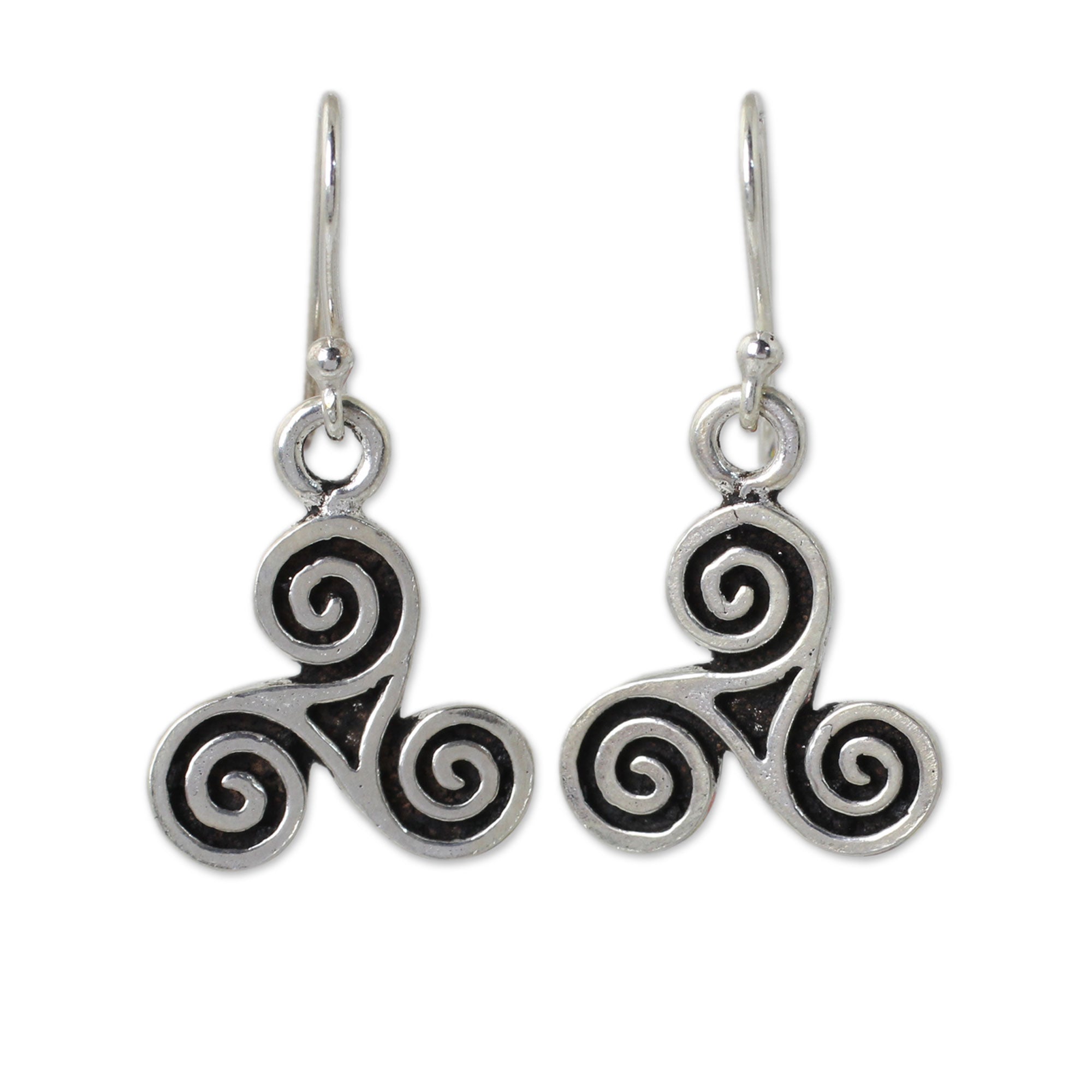 Premium Celtic Tri-Spiral Silver Dangle Earrings – Handcrafted Elegance