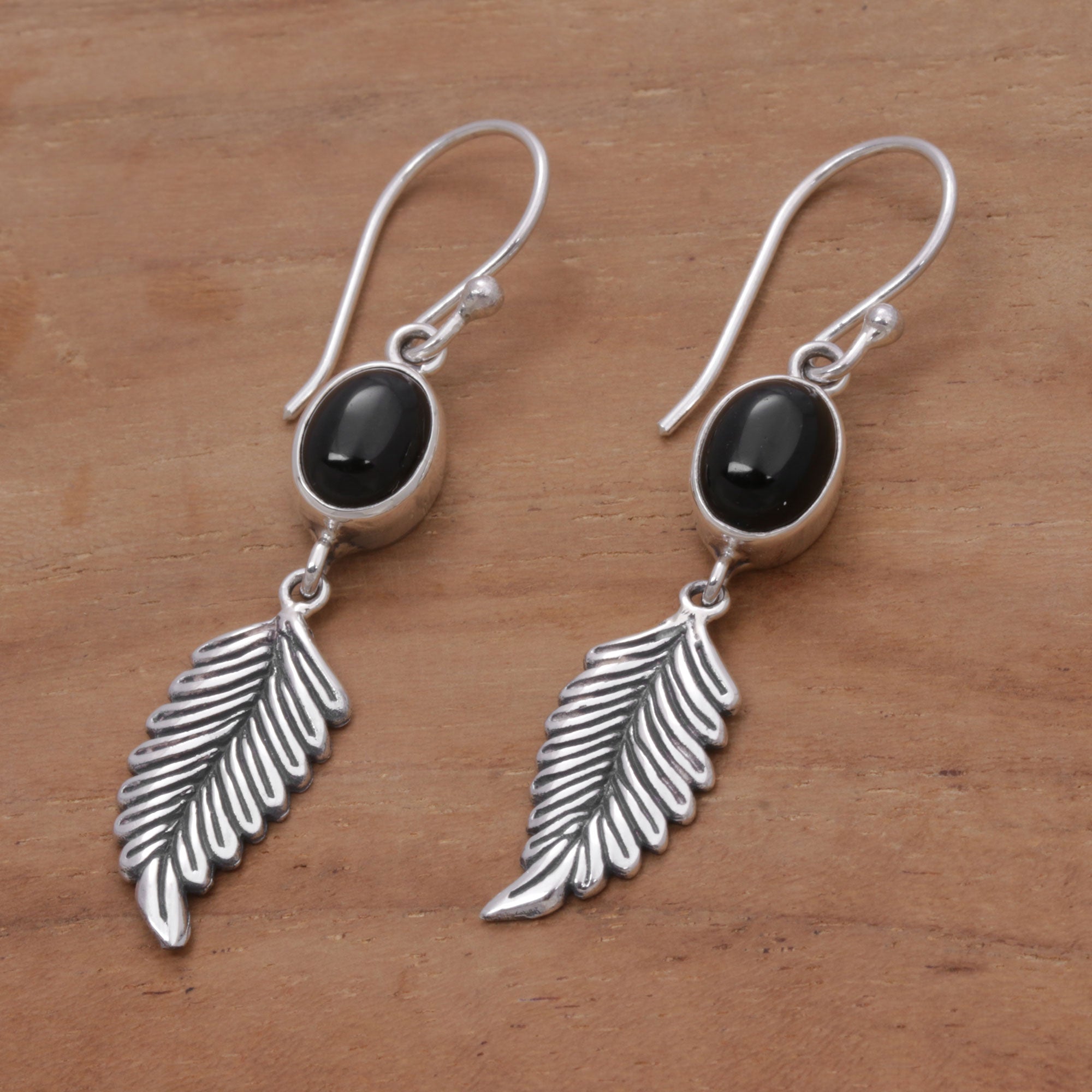 Premium Balinese 925 Sterling Silver Feather Earrings with Onyx - Handcrafted Elegance