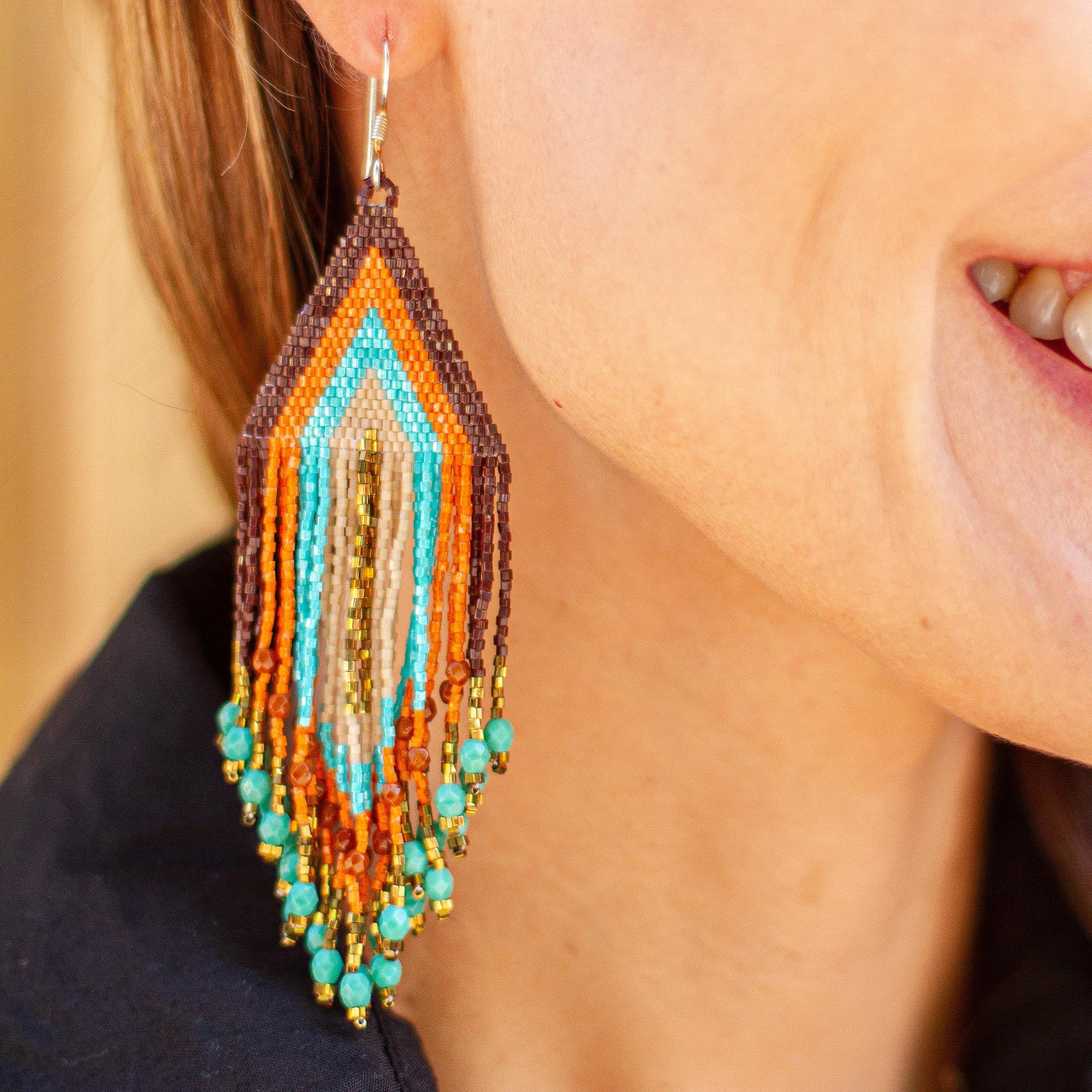 Premium Huichol Beadwork Waterfall Earrings in Peach, Aqua & Tangerine